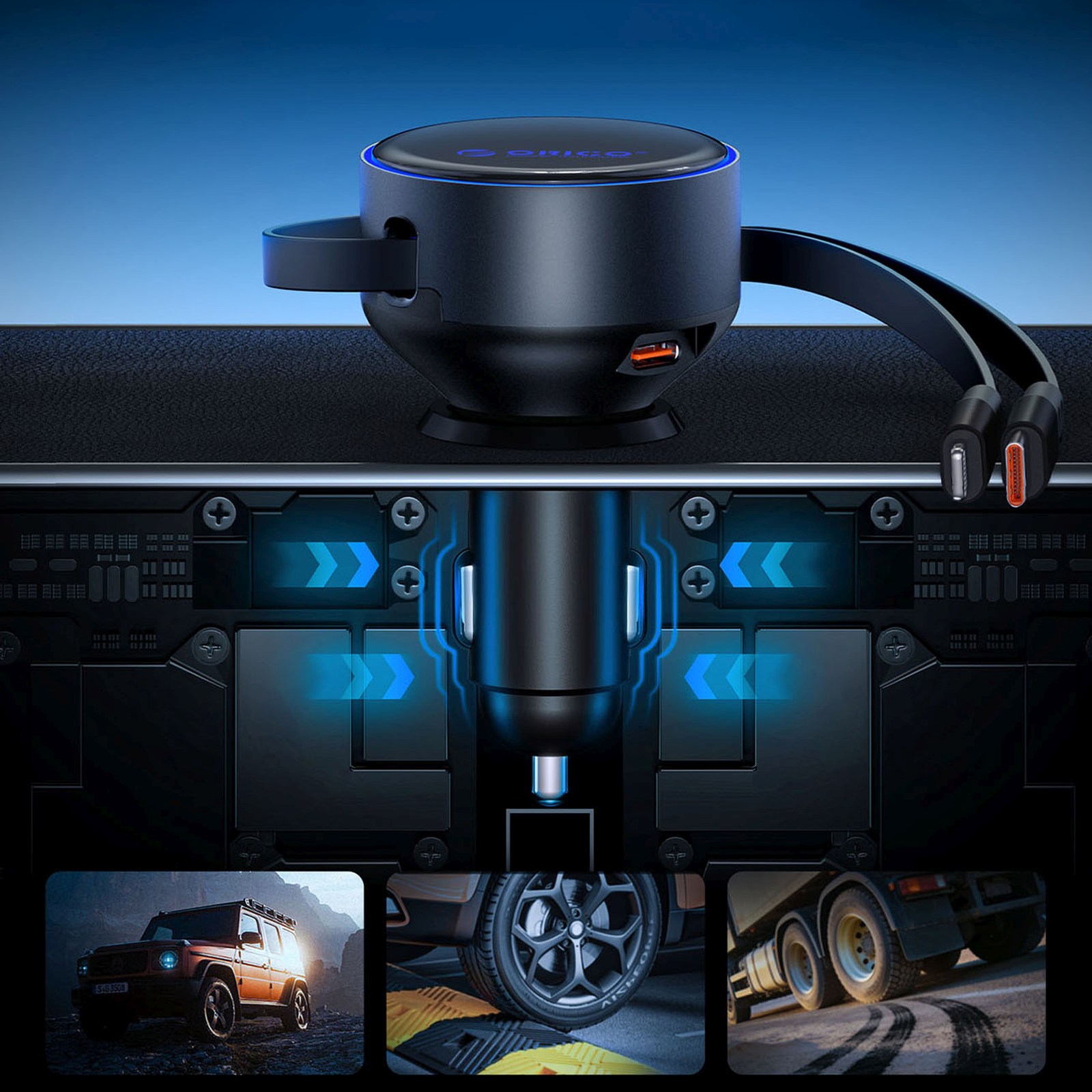 60 W Usb-c Automobilinis įkroviklis Su Susivyniojančiais Usb-c Ir „iphone Lightning“ Laidais – Juodas