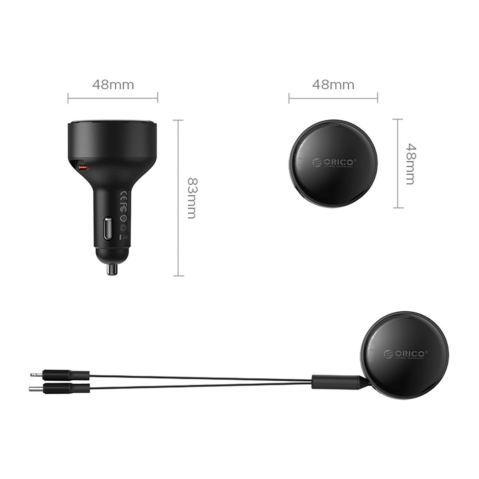 60 W Usb-c Automobilinis įkroviklis Su Susivyniojančiais Usb-c Ir „iphone Lightning“ Laidais – Juodas