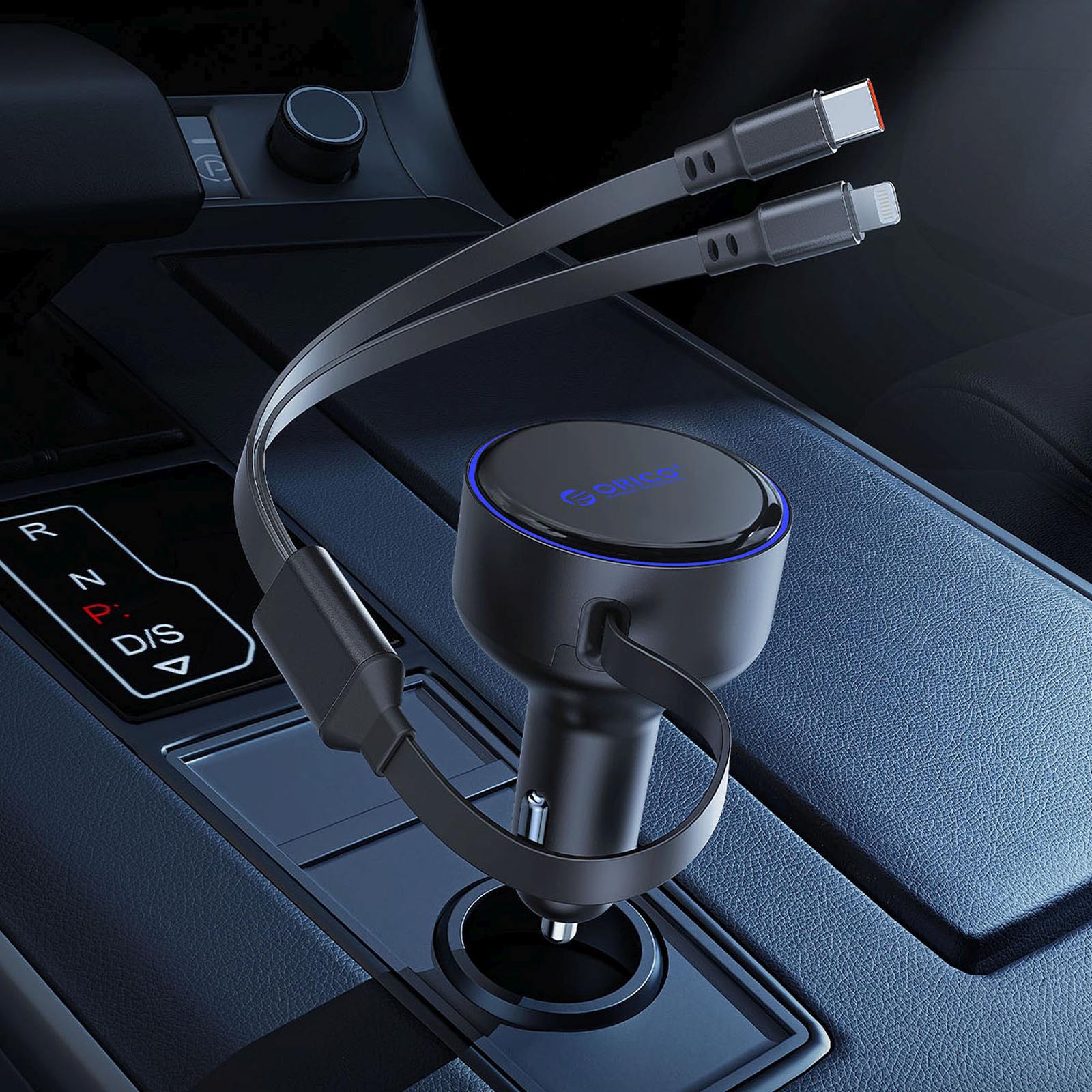 60 W Usb-c Automobilinis įkroviklis Su Susivyniojančiais Usb-c Ir „iphone Lightning“ Laidais – Juodas
