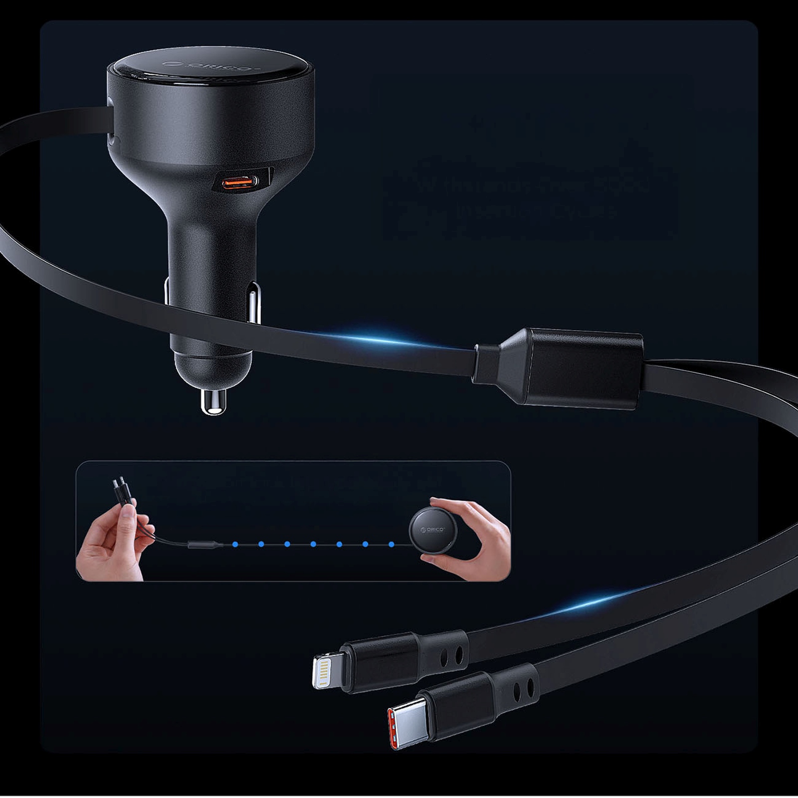 60 W Usb-c Automobilinis įkroviklis Su Susivyniojančiais Usb-c Ir „iphone Lightning“ Laidais – Juodas
