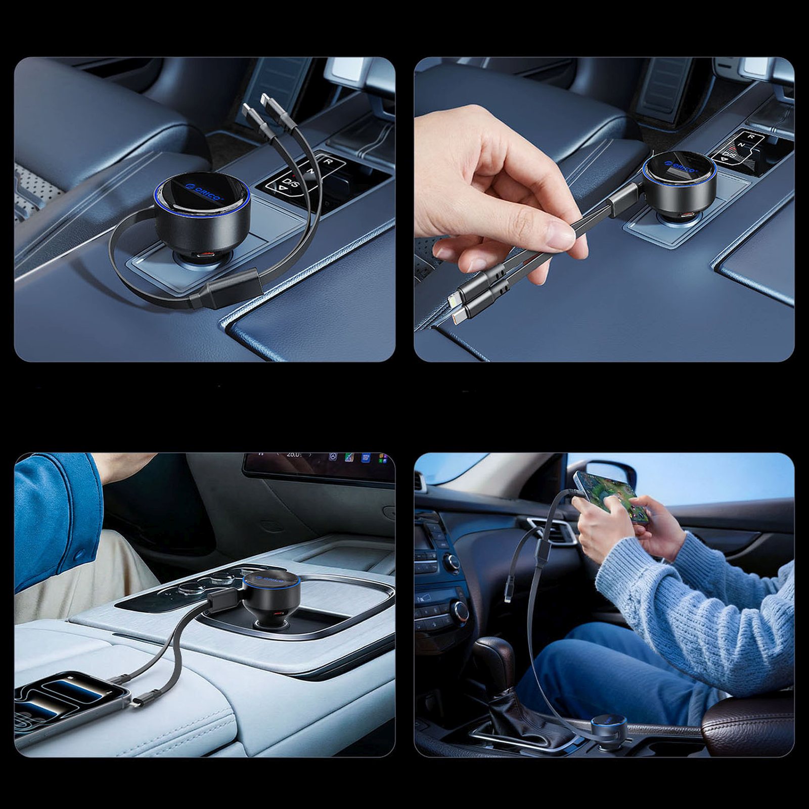 60 W Usb-c Automobilinis įkroviklis Su Susivyniojančiais Usb-c Ir „iphone Lightning“ Laidais – Juodas