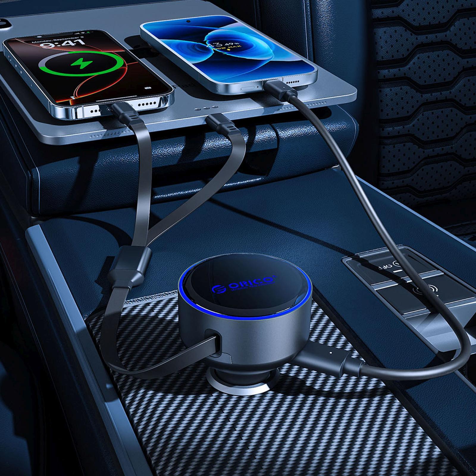 60 W Usb-c Automobilinis įkroviklis Su Susivyniojančiais Usb-c Ir „iphone Lightning“ Laidais – Juodas