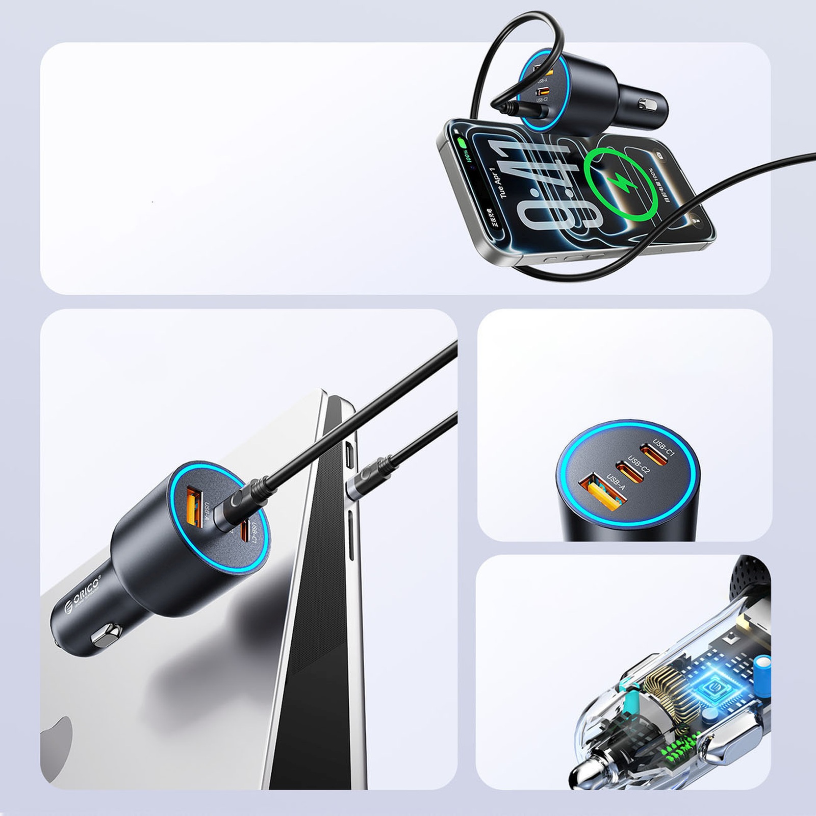 Automobilinis Usb-a Ir Usb-c įkroviklis, 165 W – Juodas