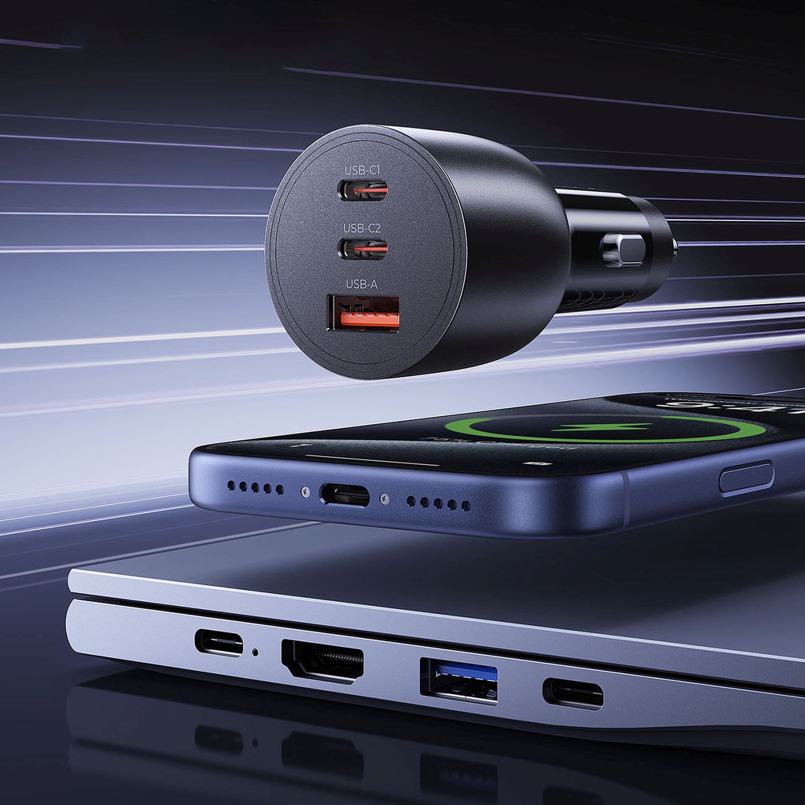 Automobilinis įkroviklis Usb-c / Usb-a, 165 W – Juodas