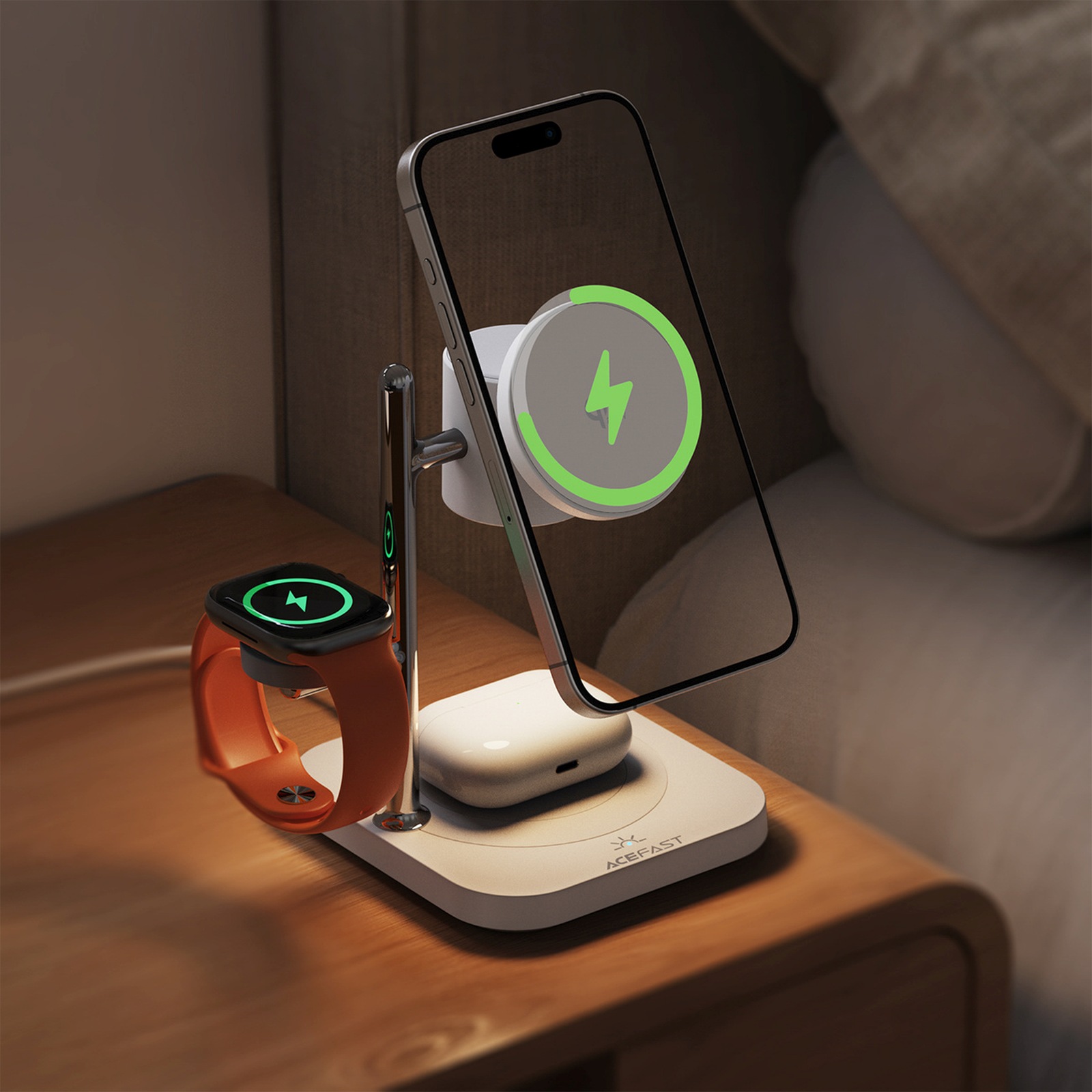 4-in-1 Belaidis įkroviklis Telefonui, Laikrodžiui Ir Ausinėms Su 25 W Naktine Lempute – Baltas