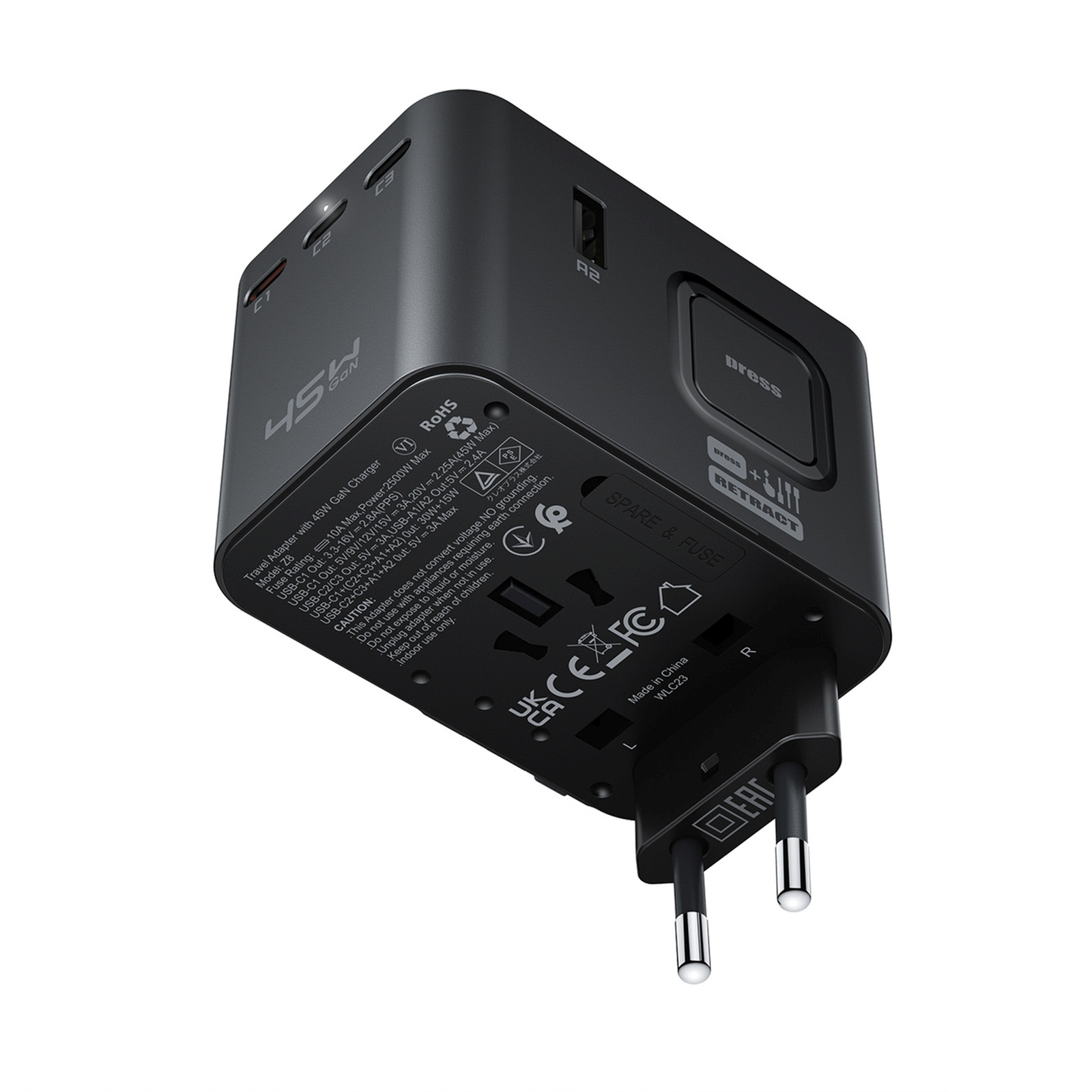 Kelioninis Adapteris Su Usb-c Ir Usb-a Jungtimis, Ac Maitinimo šaltinis, Suderinamas Su Es, Jav, Jk Ir Australijos Standartais – Juodos Spalvos
