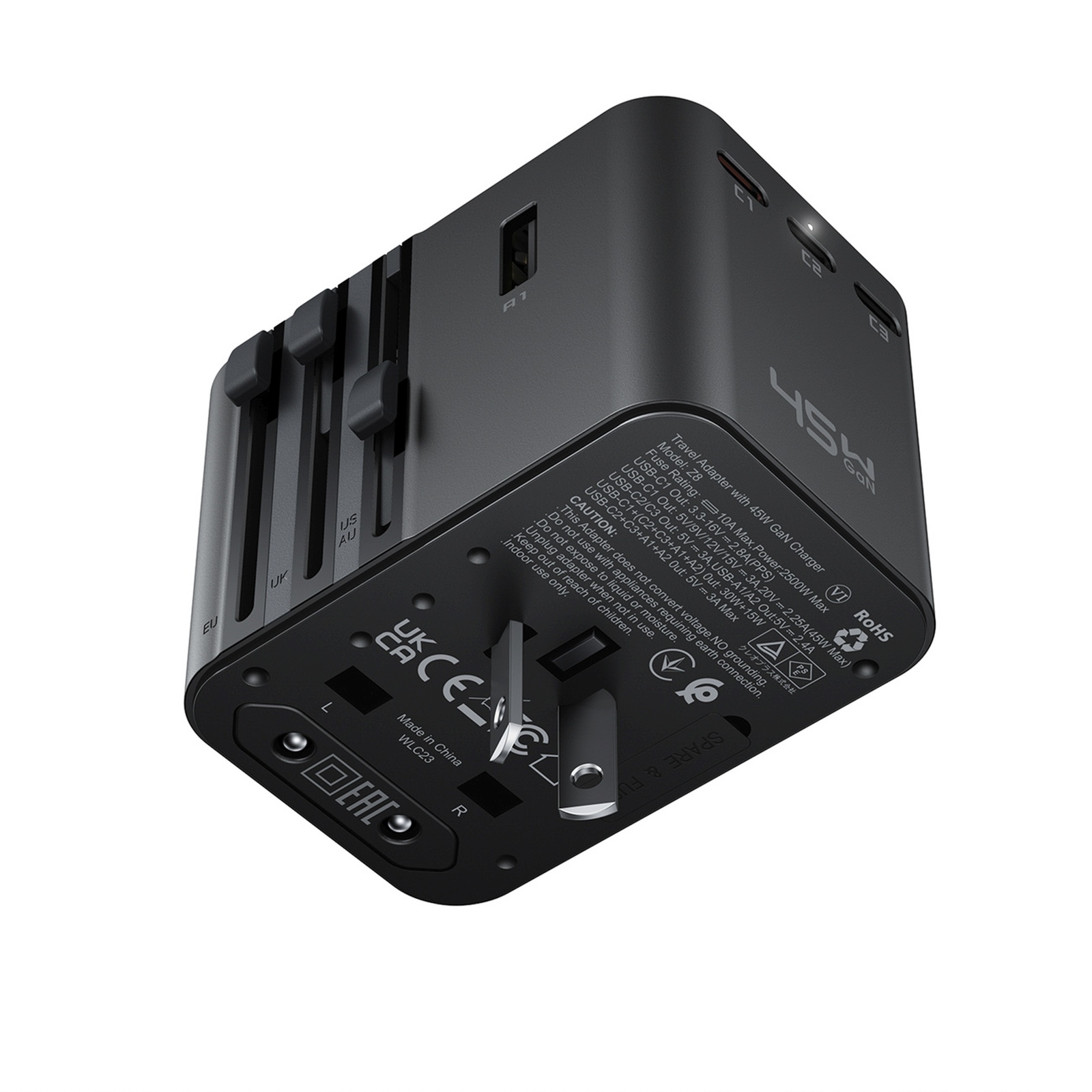 Kelioninis Adapteris Su Usb-c Ir Usb-a Jungtimis, Ac Maitinimo šaltinis, Suderinamas Su Es, Jav, Jk Ir Australijos Standartais – Juodos Spalvos