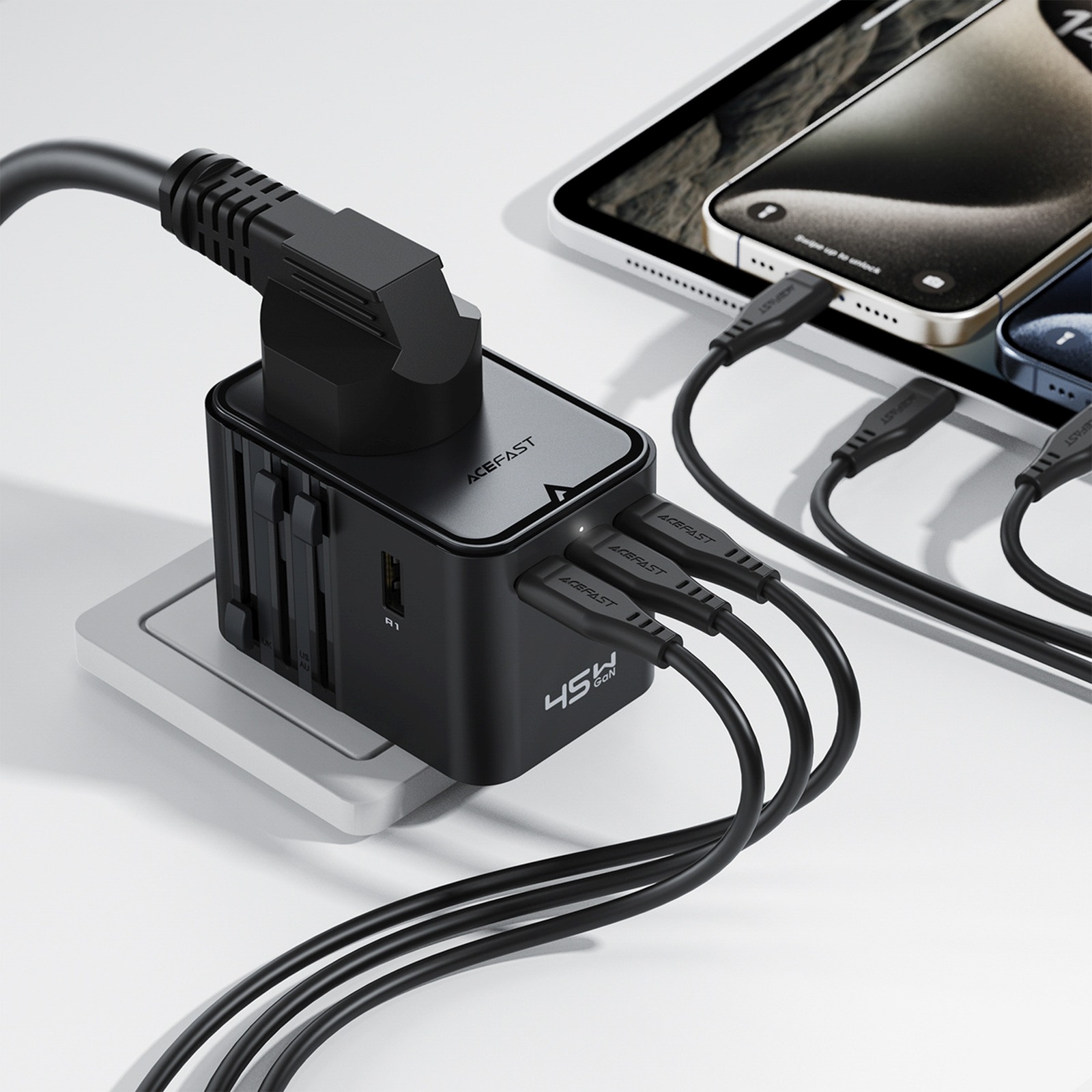 Kelioninis Adapteris Su Usb-c Ir Usb-a Jungtimis, Ac Maitinimo šaltinis, Suderinamas Su Es, Jav, Jk Ir Australijos Standartais – Juodos Spalvos