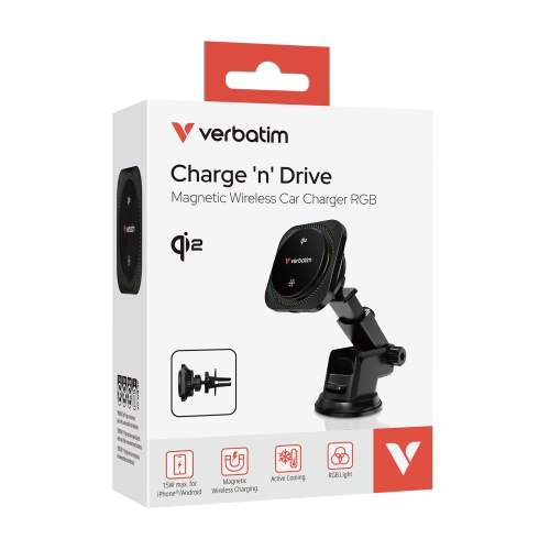 Verbatim 31860 Charge 'n' Drive Qi2 Magnetinis belaidis automobilinis įkroviklis, RGB, Juoda
