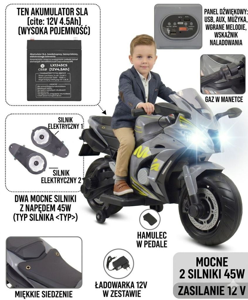 Didysis Lenktyninis Motociklas Turi Akumuliatorių, Minkštus Ratus, Minkštą Sėdynę / Ozb909