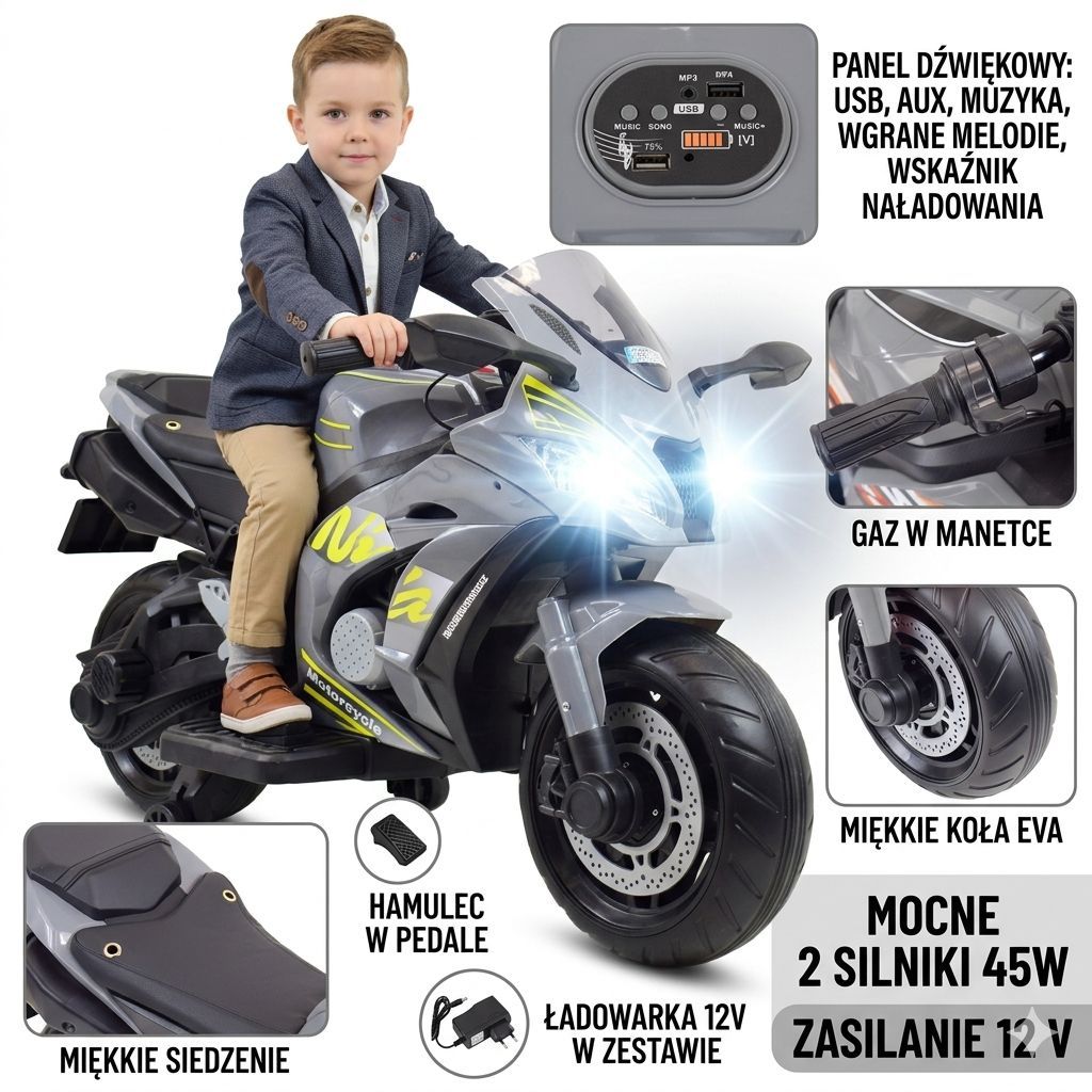 Didysis Lenktyninis Motociklas Turi Akumuliatorių, Minkštus Ratus, Minkštą Sėdynę / Ozb909
