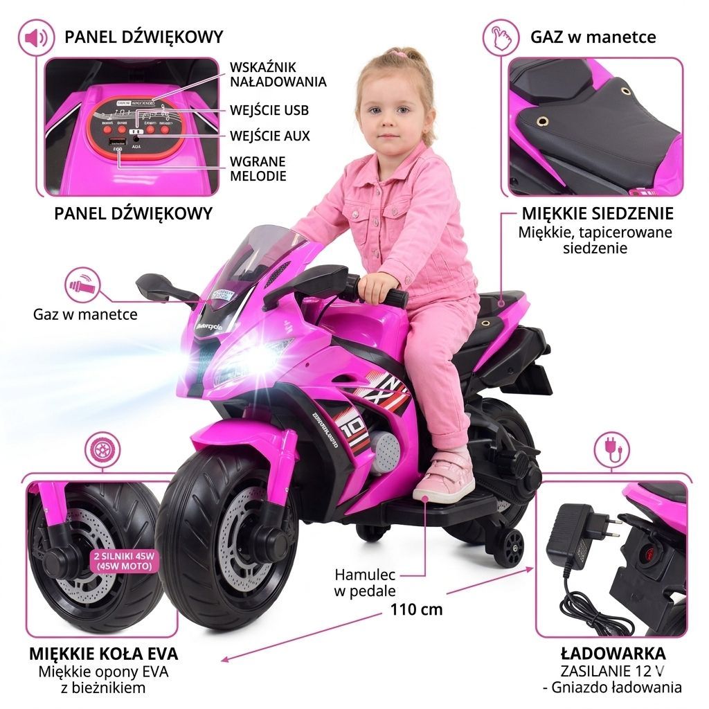 Didysis Lenktyninis Motociklas Turi Akumuliatorių, Minkštus Ratus, Minkštą Sėdynę / Ozb909