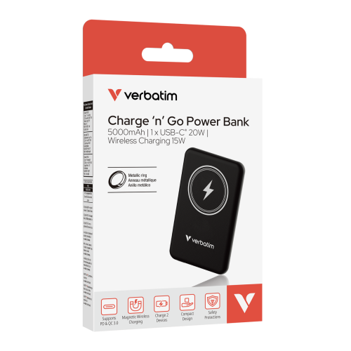 Verbatim 32240 Charge 'n' Go Magnetic Wireless Išorinė baterija (Power Bank) 5000mAh, Juoda