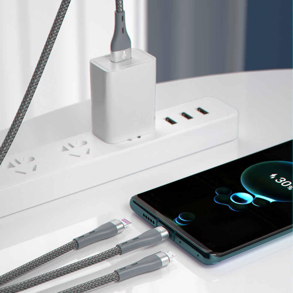 3-in-1 Usb – „lightning“ – „microusb“ – Usb-c Kabelis, 65 W, 1,2 M, Pilkos Spalvos