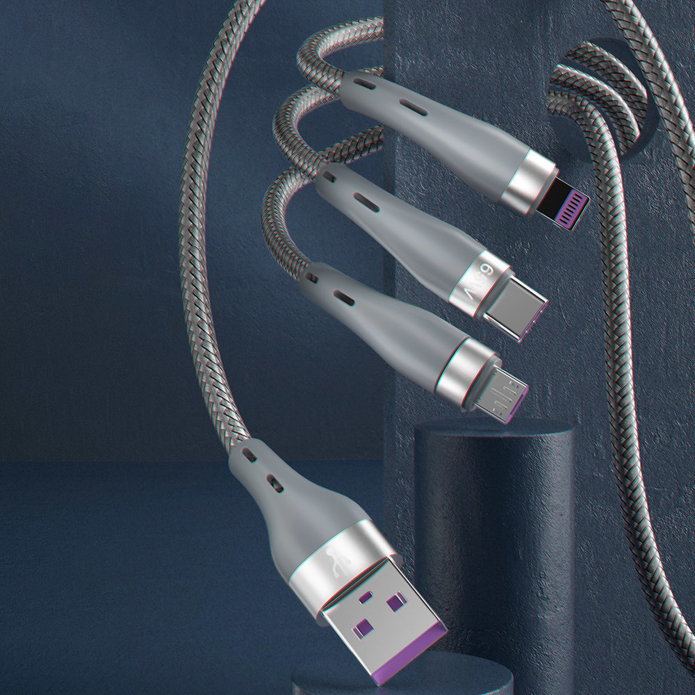3-in-1 Usb – „lightning“ – „microusb“ – Usb-c Kabelis, 65 W, 1,2 M, Pilkos Spalvos