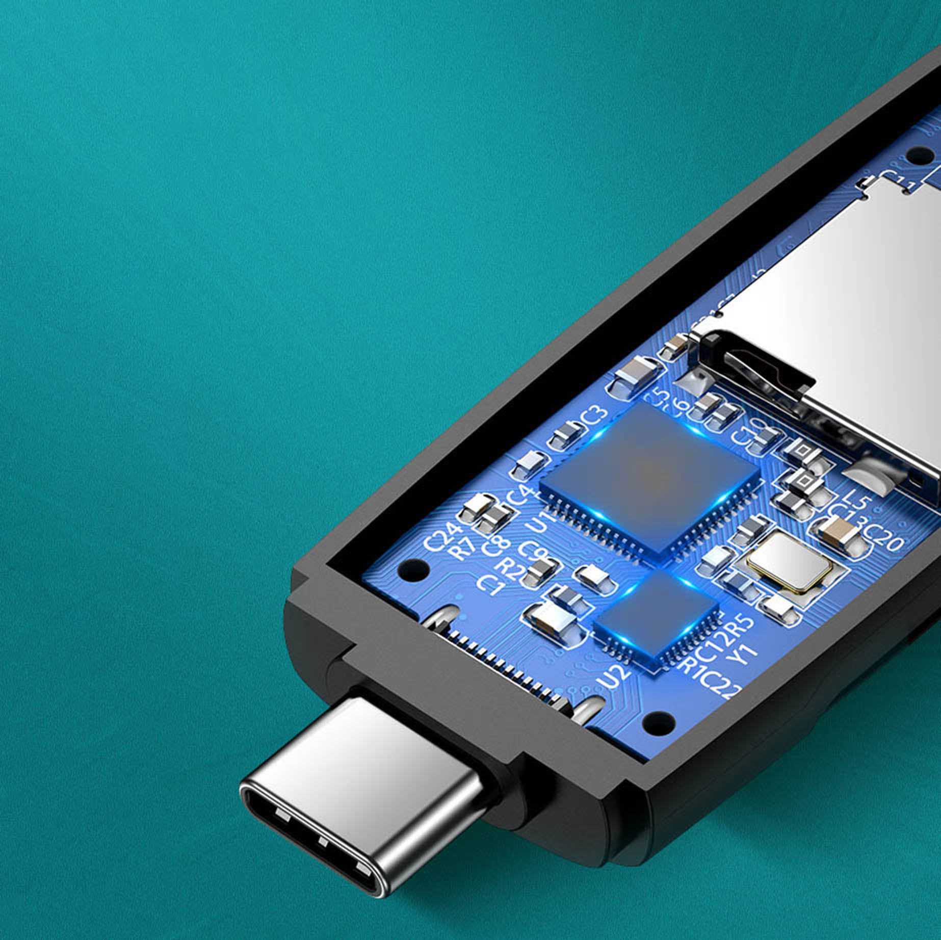 Adapteris Su 2 Jungtimis: Usb-a Ir Usb-c, Sd Ir Micro Sd Kortelių Skaitytuvas, Juodos Spalvos