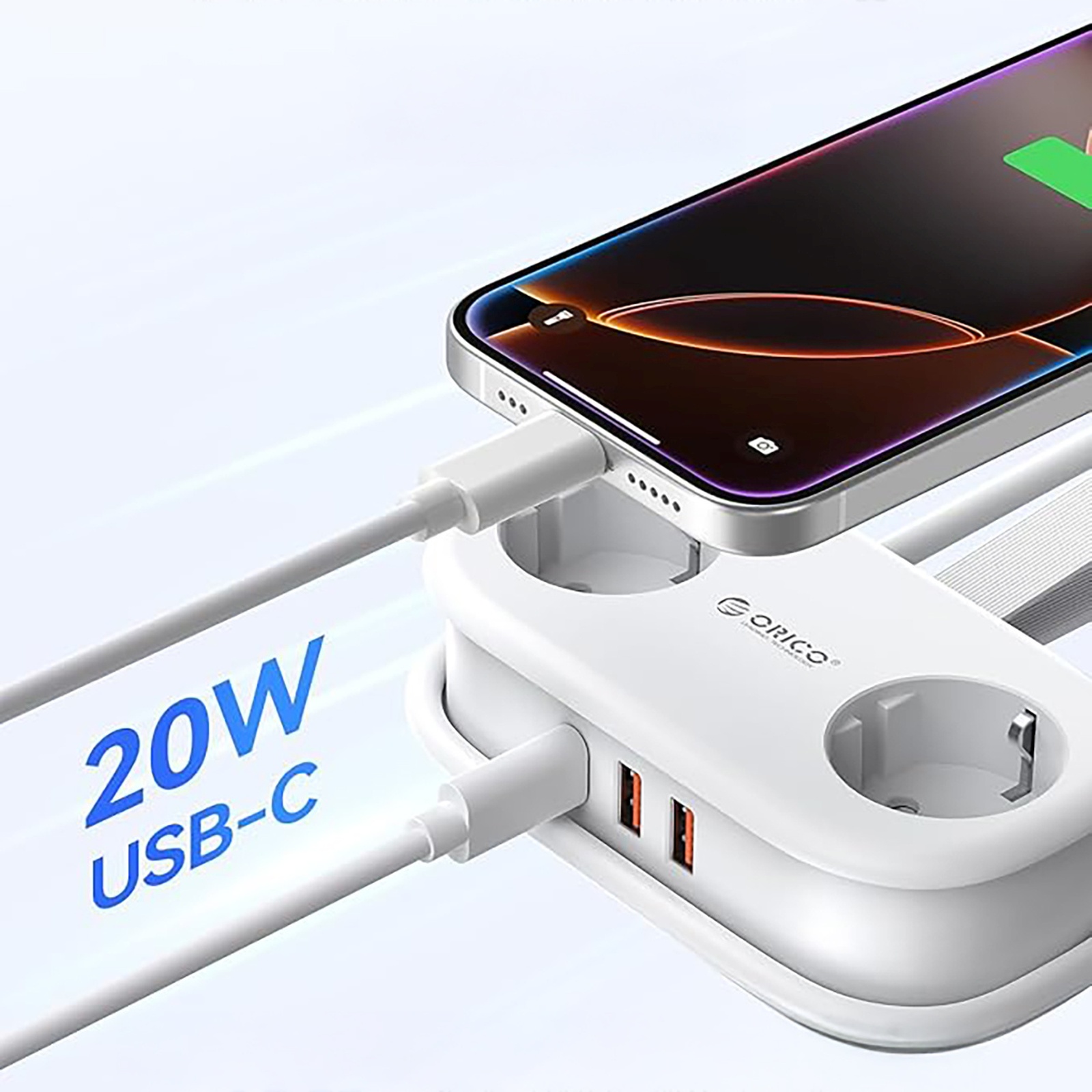5-in-1 Maitinimo Juosta Ac Usb-a Usb-c Gan 20 W – Balta