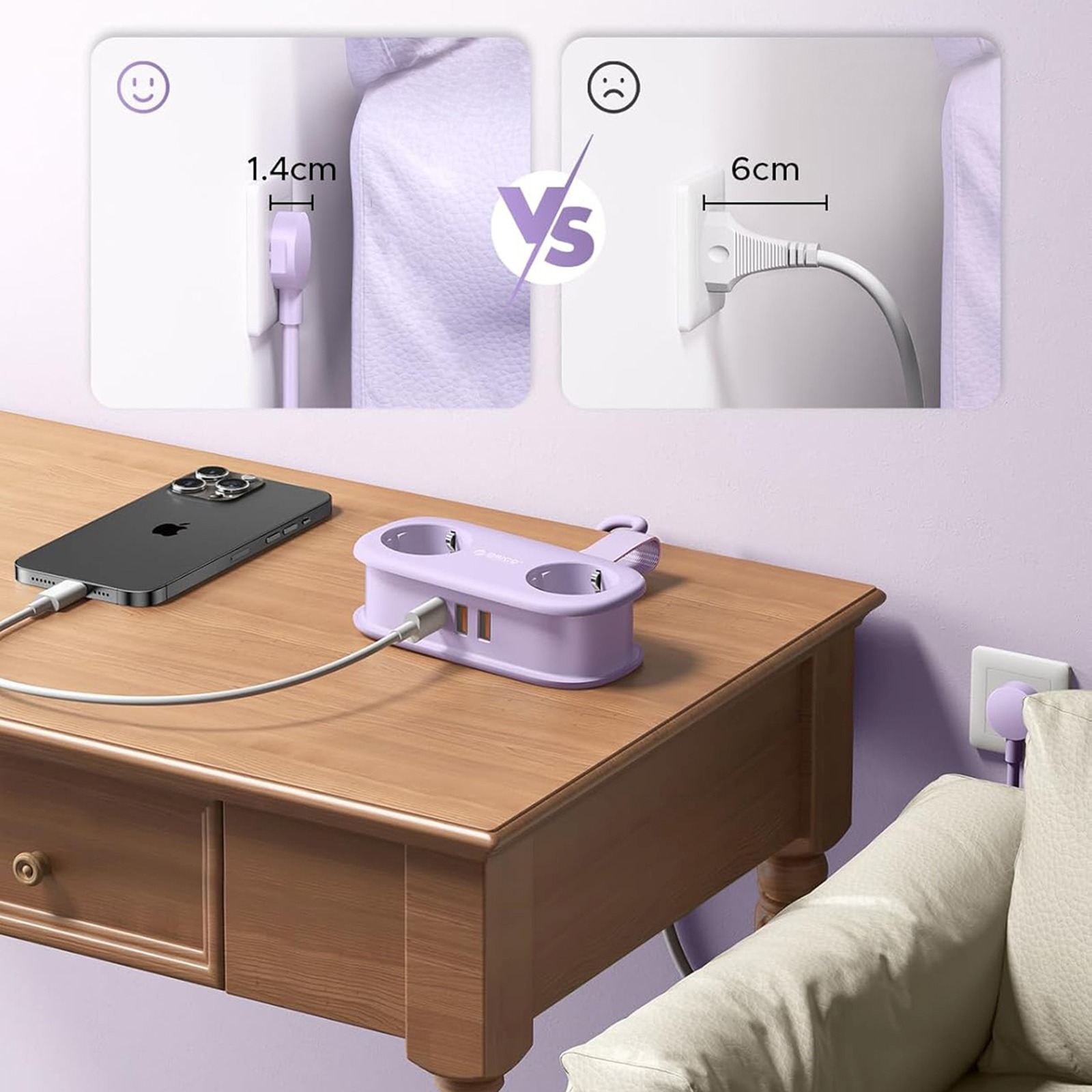 5-in-1 Maitinimo Juosta Ac Usb-a Usb-c Gan 20 W – Violetinė