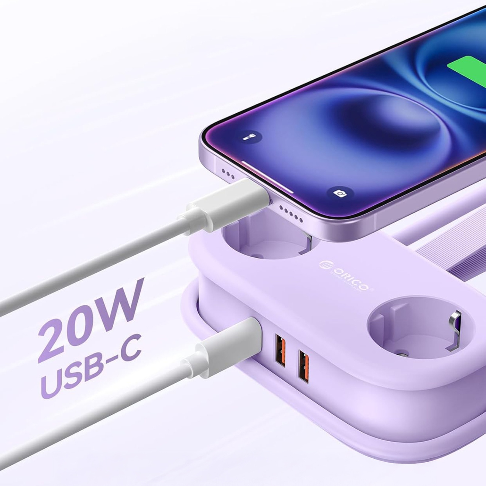 5-in-1 Maitinimo Juosta Ac Usb-a Usb-c Gan 20 W – Violetinė