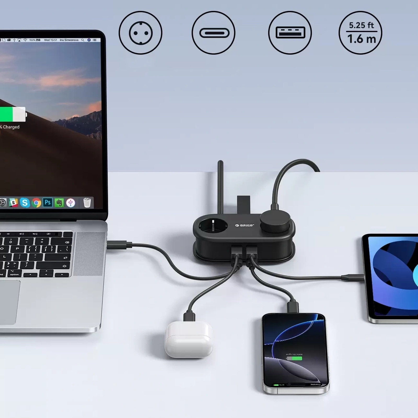 6-in-1 Maitinimo Juosta Ac Usb-a Usb-c Gan 65 W – Juoda