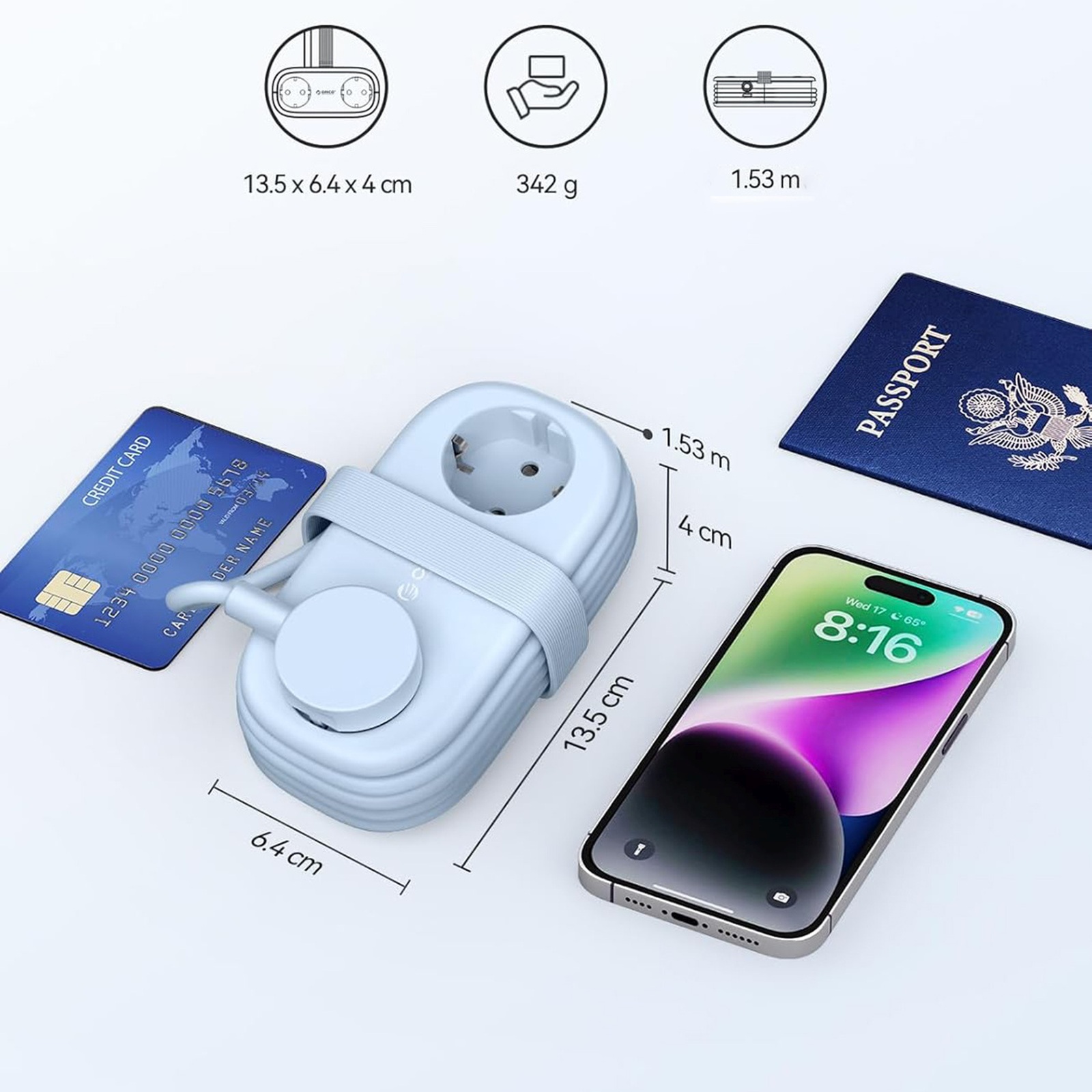 6-in-1 Maitinimo Juosta Ac Usb-a Usb-c Gan 65 W – Mėlyna
