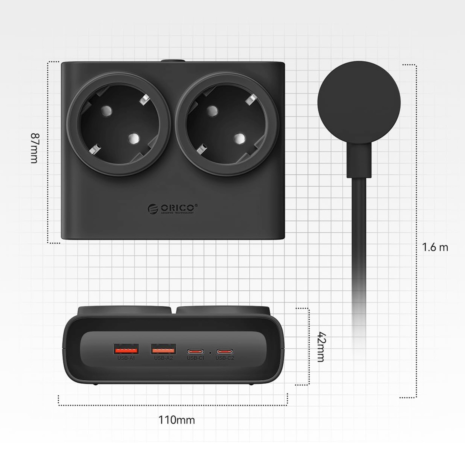 6-in-1 Maitinimo Juosta Ac Usb-a Usb-c 25 W – Juoda