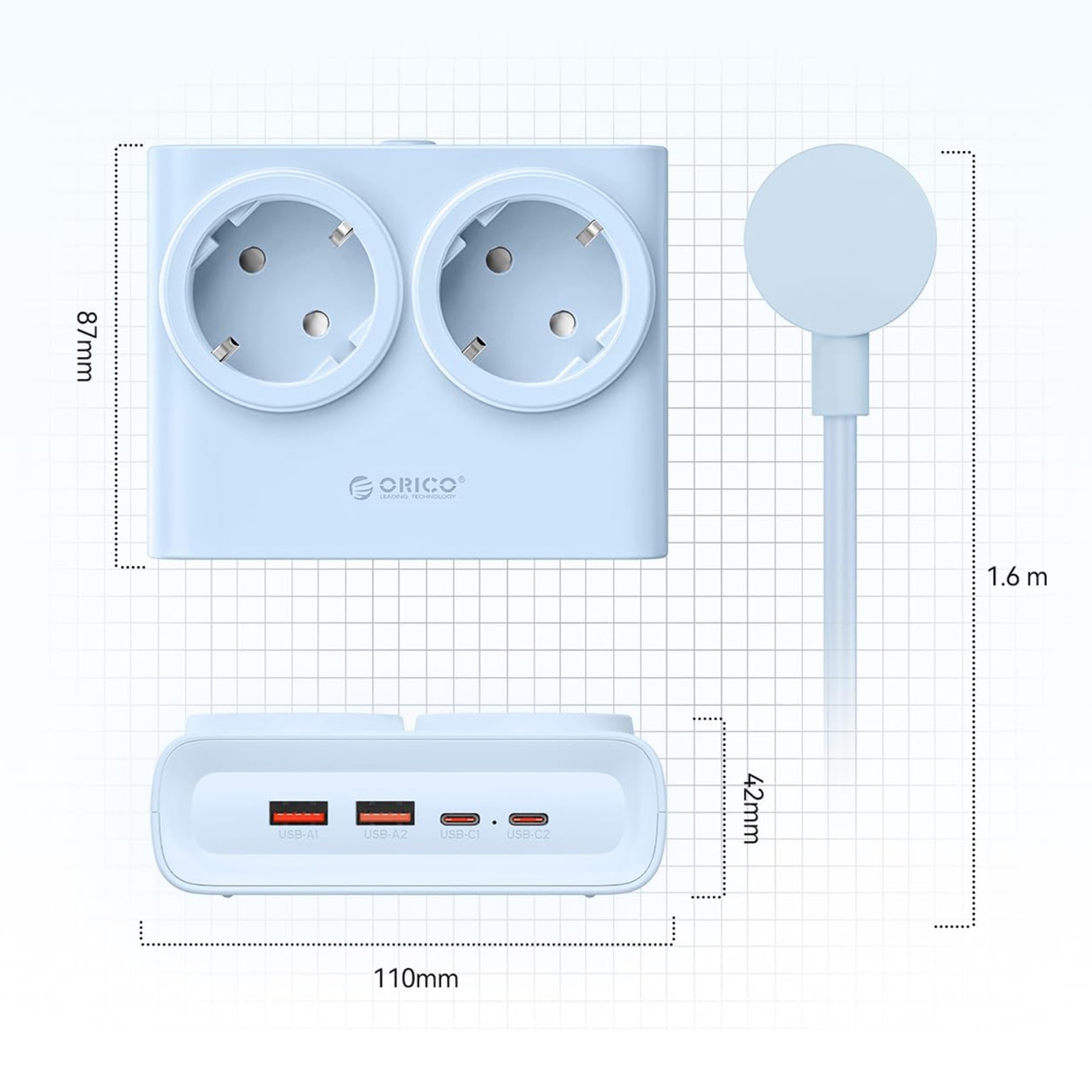 6-in-1 Maitinimo Juosta Ac Usb-a Usb-c 25 W – Mėlyna