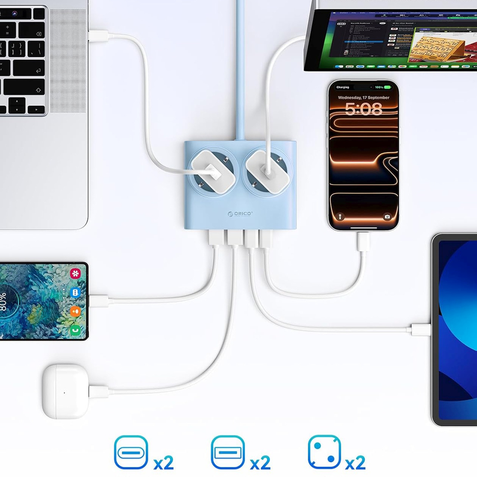 6-in-1 Maitinimo Juosta Ac Usb-a Usb-c 25 W – Mėlyna