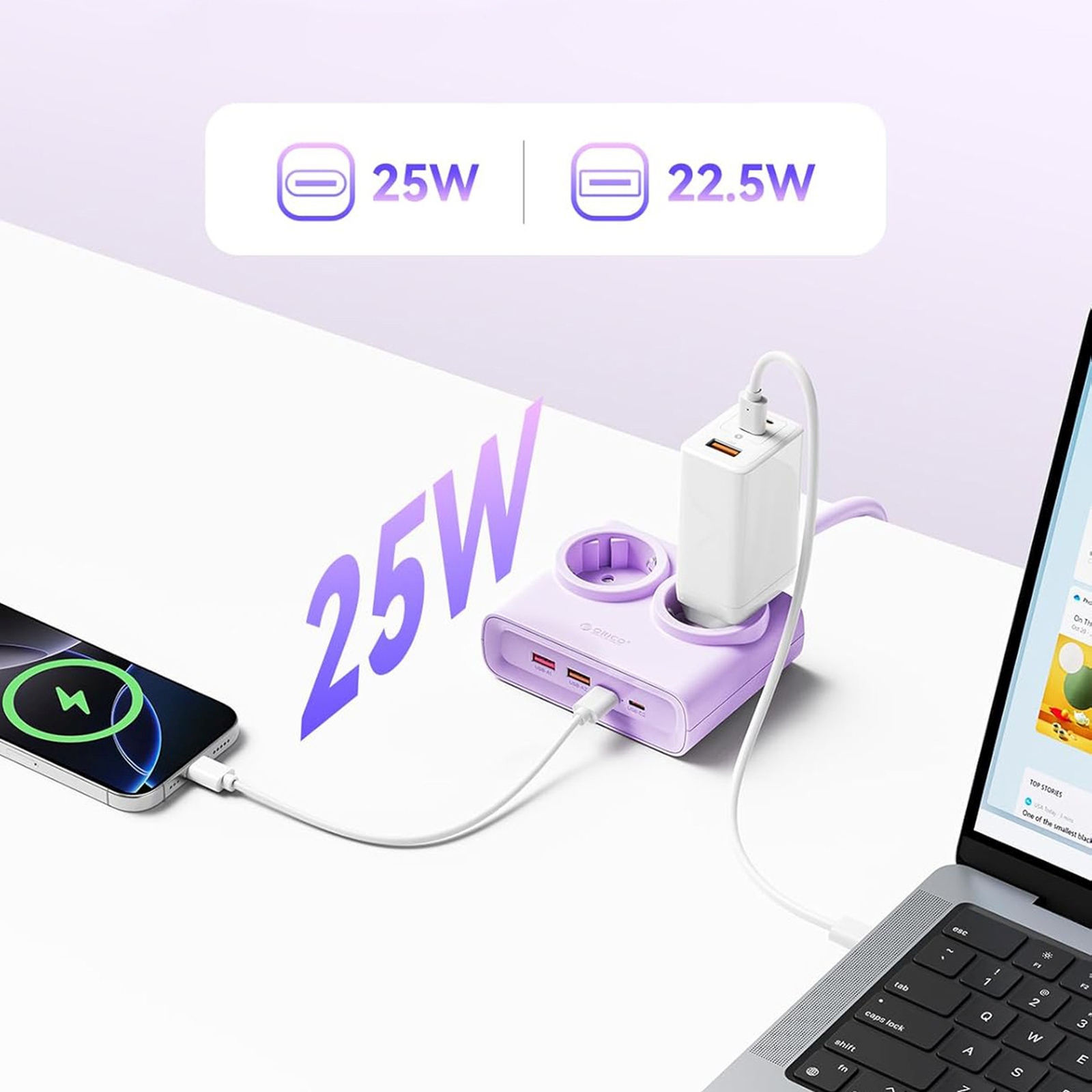 6-in-1 Maitinimo Juosta Ac Usb-a Usb-c 25 W – Violetinė