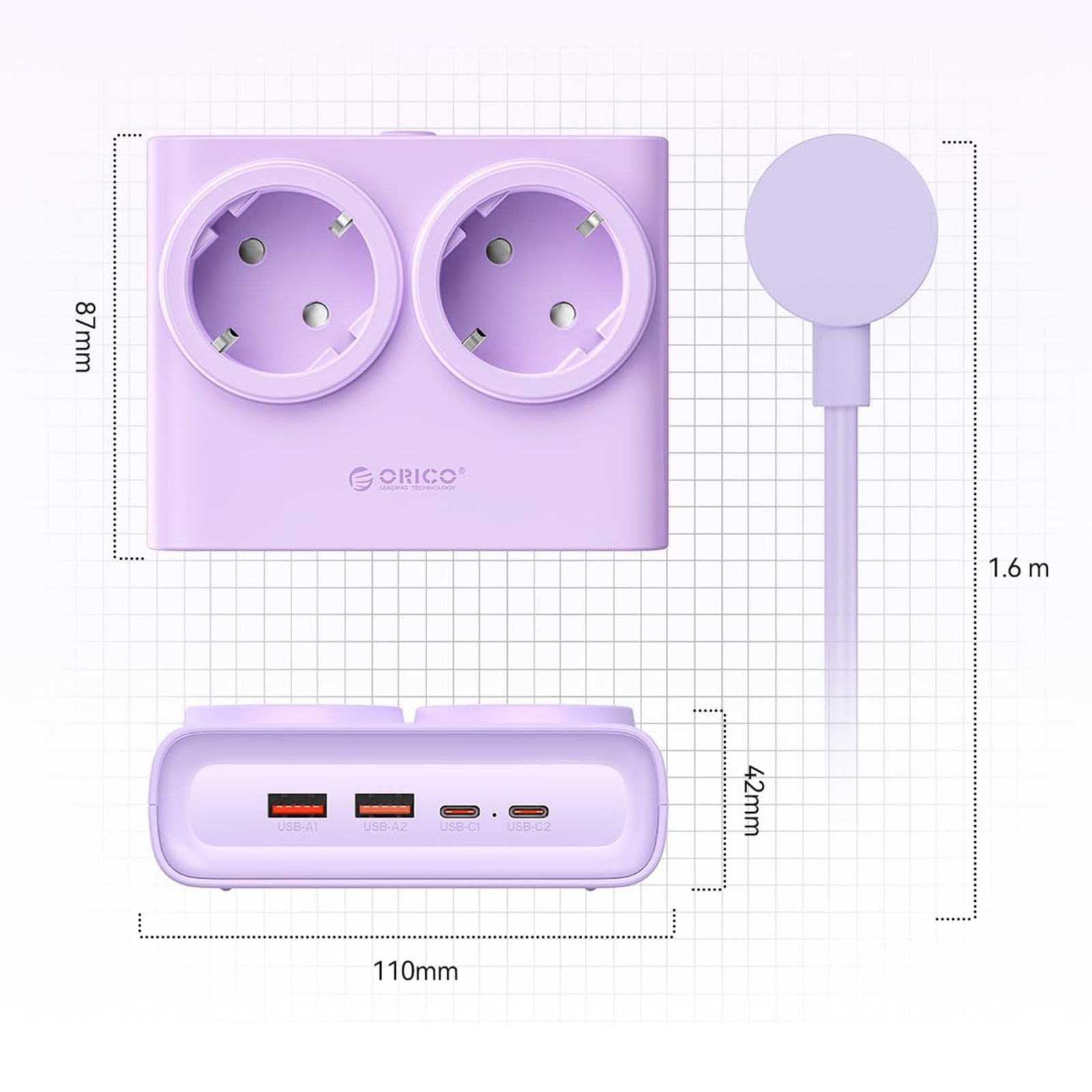 6-in-1 Maitinimo Juosta Ac Usb-a Usb-c 25 W – Violetinė