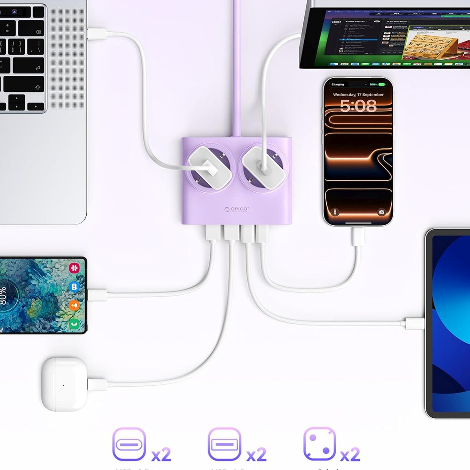 6-in-1 Maitinimo Juosta Ac Usb-a Usb-c 25 W – Violetinė