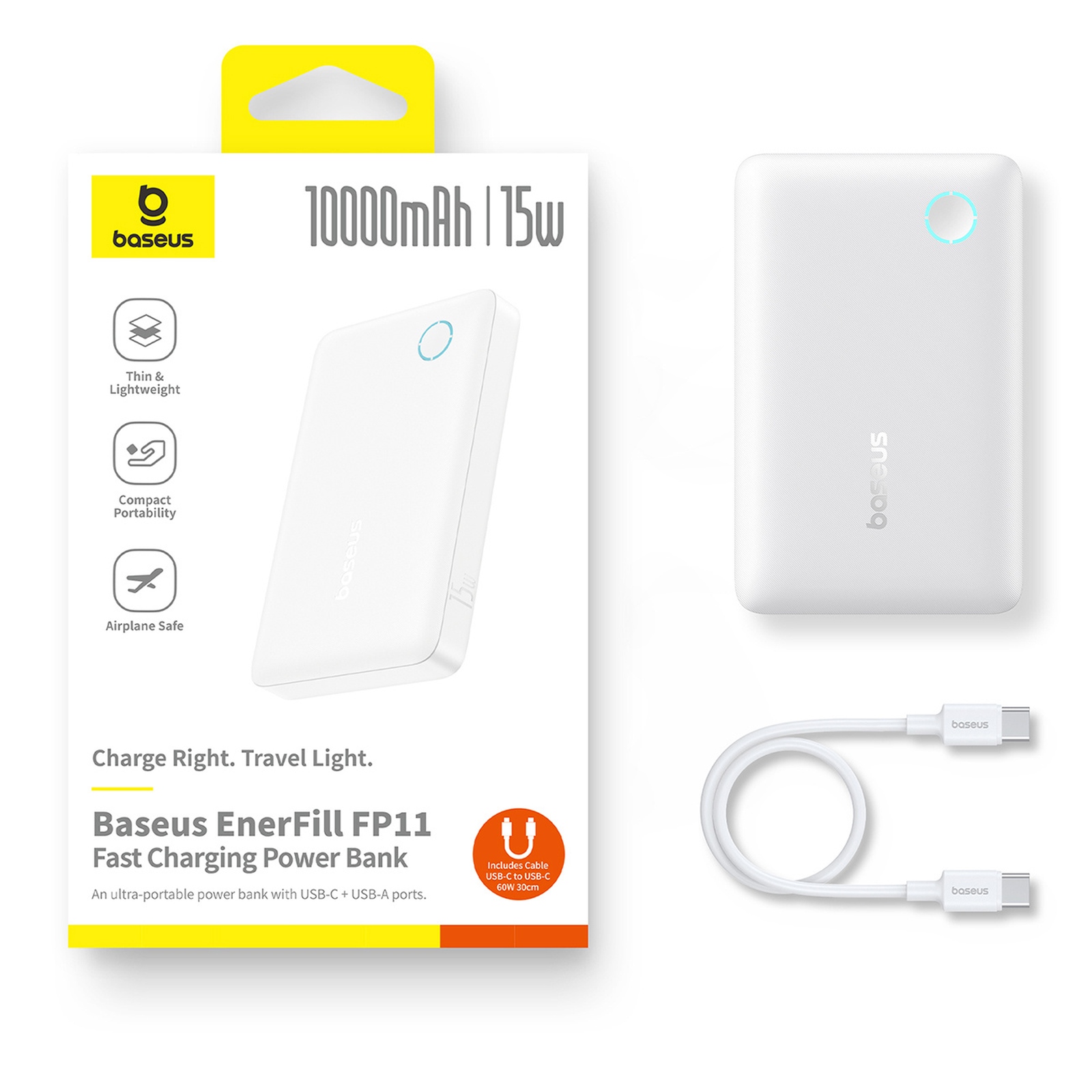 „enerfill Fp11“ 10000 Mah 15 W Išorinis Akumuliatorius Su 30 Cm Usb-c Laidu – Baltas