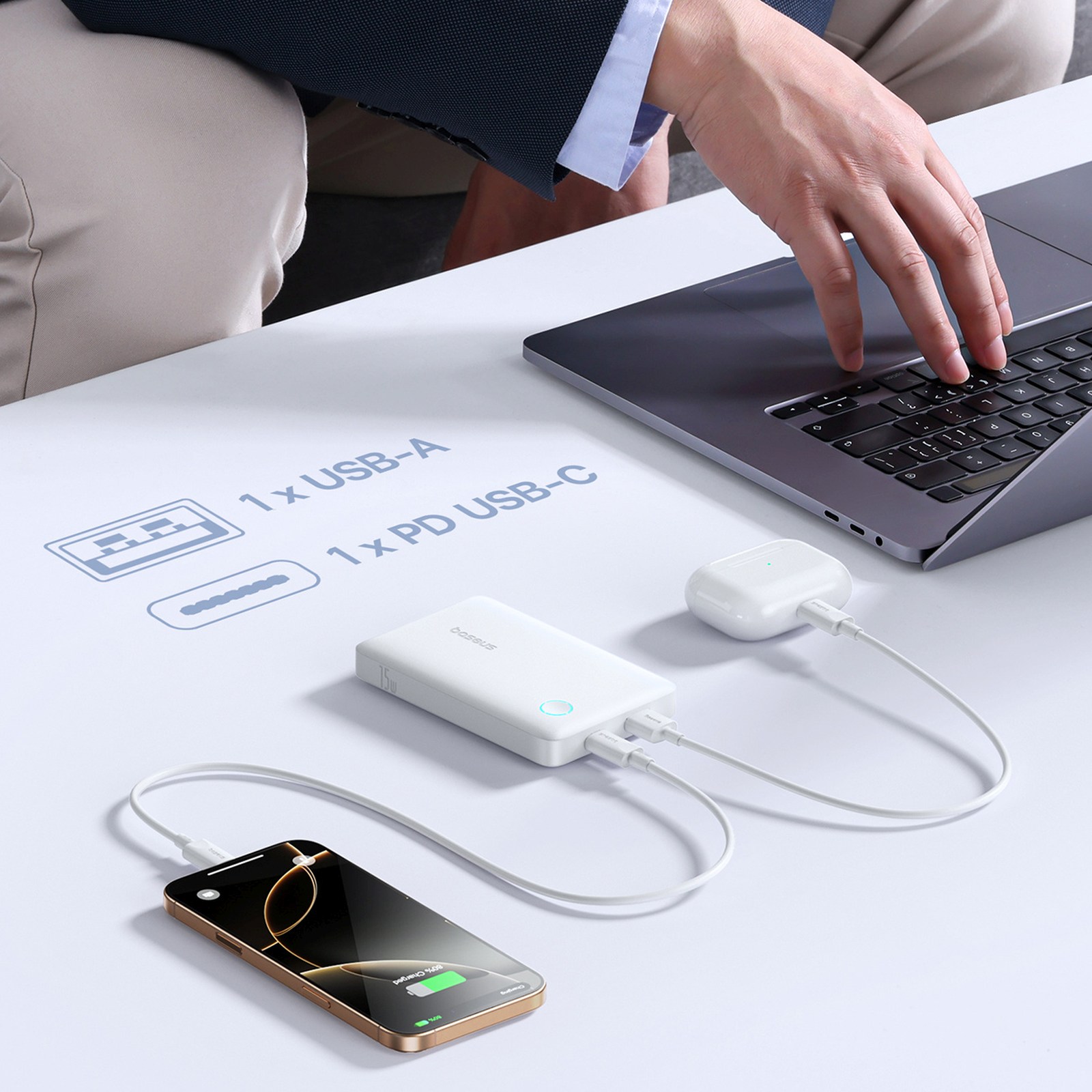 „enerfill Fp11“ 10000 Mah 15 W Išorinis Akumuliatorius Su 30 Cm Usb-c Laidu – Baltas