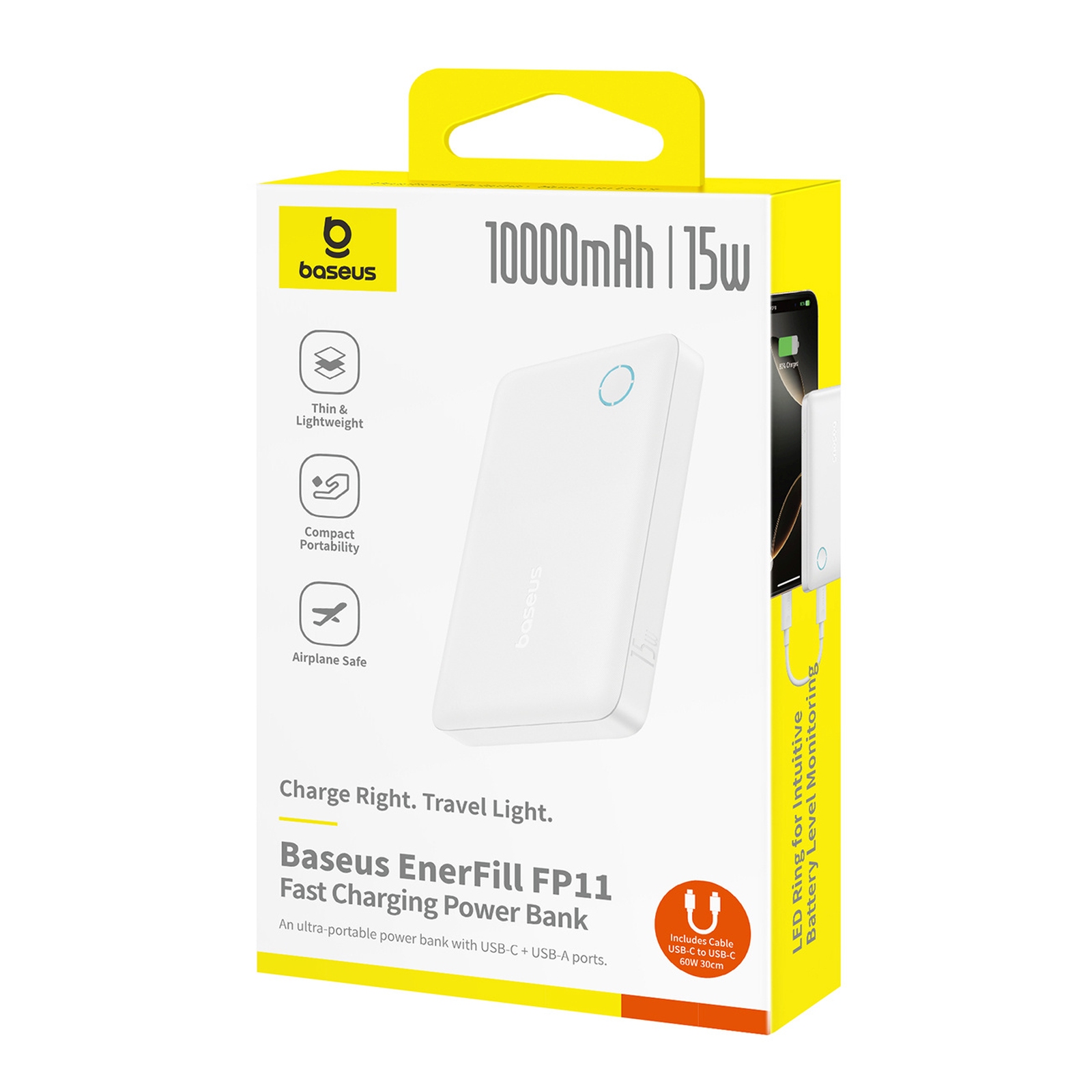 „enerfill Fp11“ 10000 Mah 15 W Išorinis Akumuliatorius Su 30 Cm Usb-c Laidu – Baltas