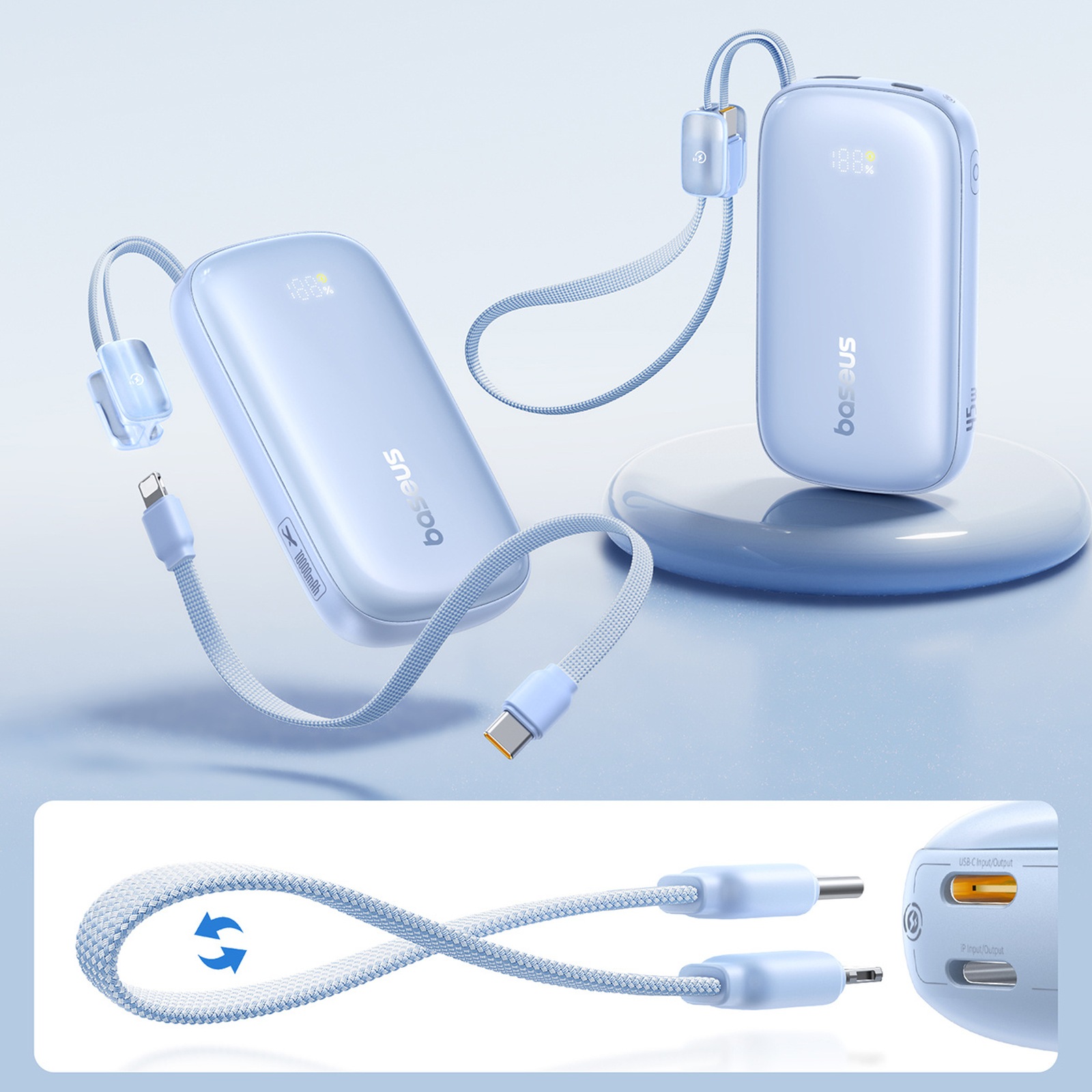 10000 Mah, 45 W Išorinis Akumuliatorius Su Usb-c–„iphone Lightning“ Kabeliu – Mėlynas