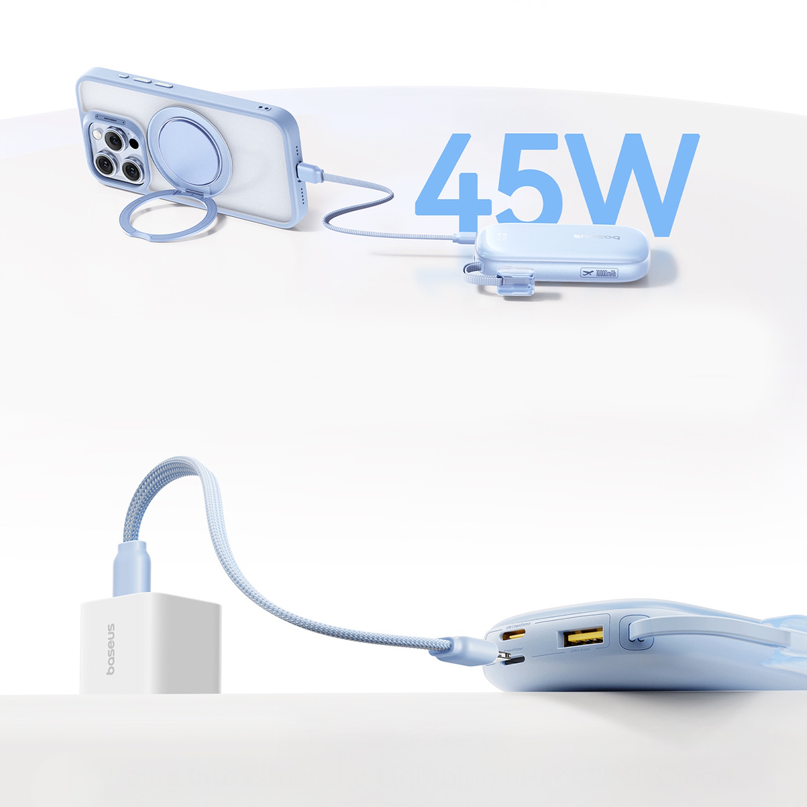 10000 Mah, 45 W Išorinis Akumuliatorius Su Usb-c–„iphone Lightning“ Kabeliu – Mėlynas