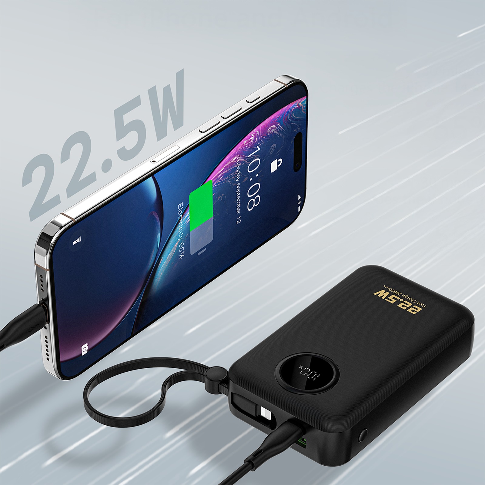 20000 Mah Išorinis Akumuliatorius Su Usb-c Ir Usb-a Jungtimis Bei Integruotais „iphone Lightning“–usb-c Kabeliais – Juodas