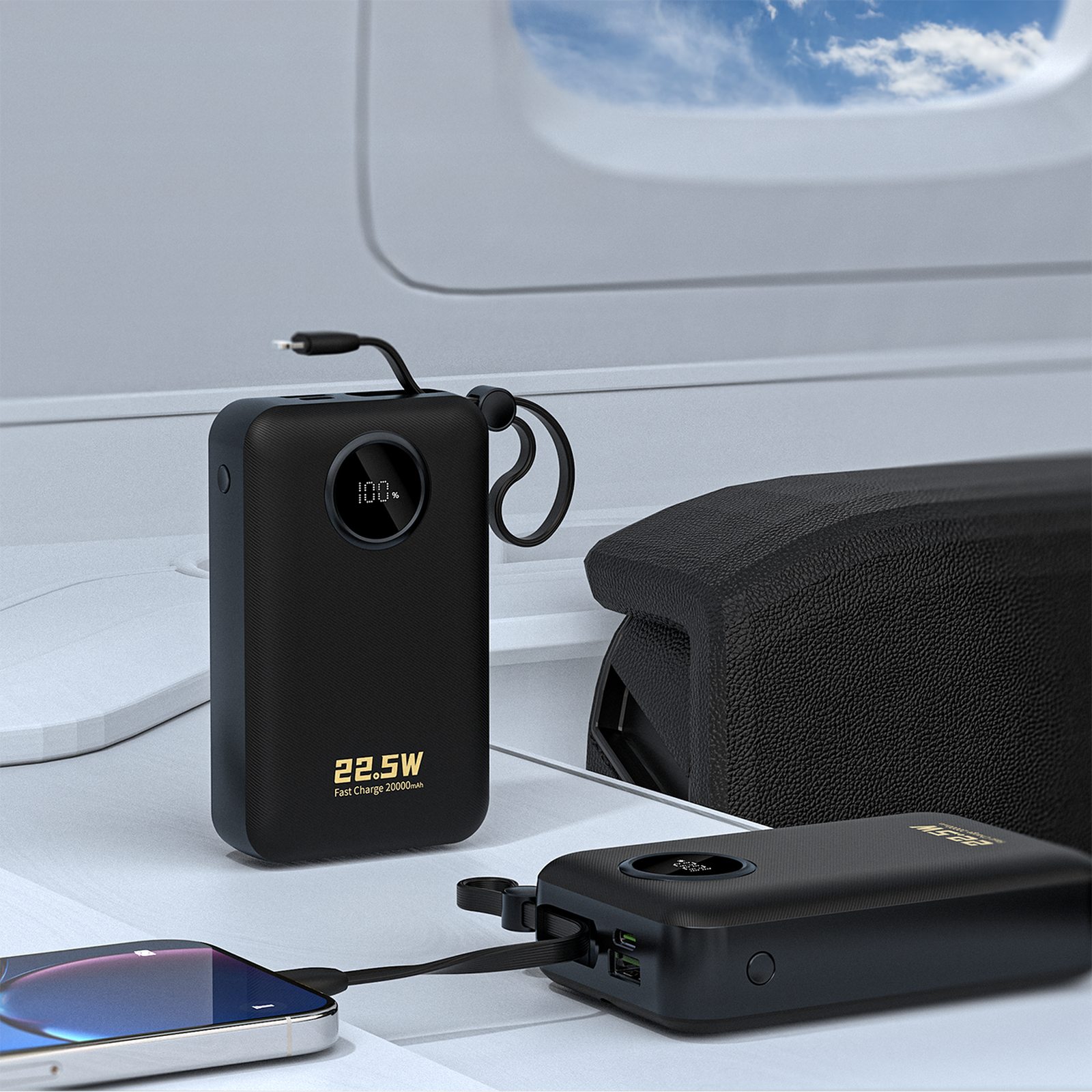 20000 Mah Išorinis Akumuliatorius Su Usb-c Ir Usb-a Jungtimis Bei Integruotais „iphone Lightning“–usb-c Kabeliais – Juodas