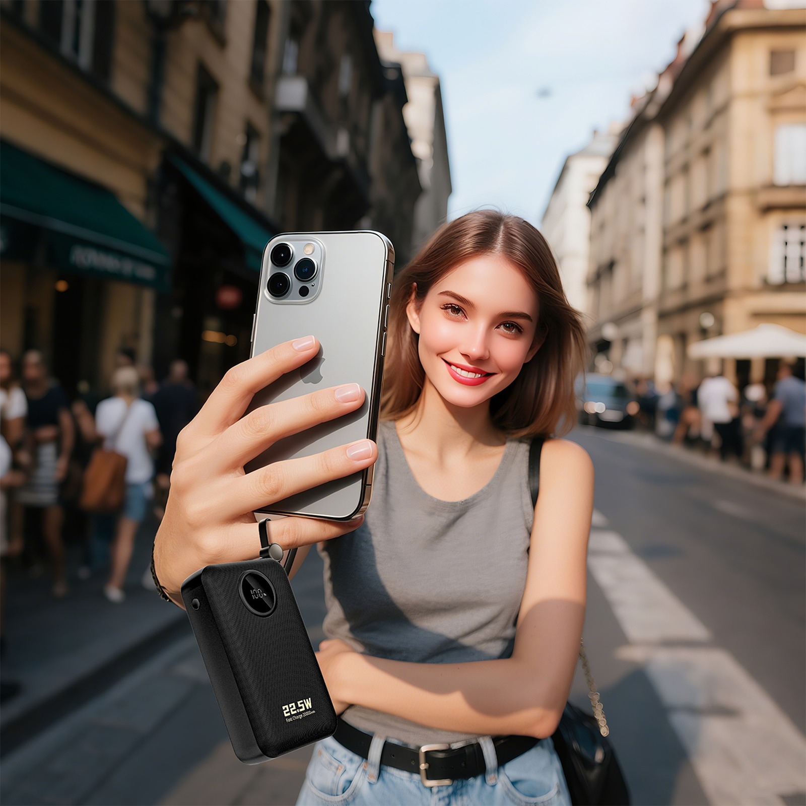 20000 Mah Išorinis Akumuliatorius Su Usb-c Ir Usb-a Jungtimis Bei Integruotais „iphone Lightning“–usb-c Kabeliais – Juodas