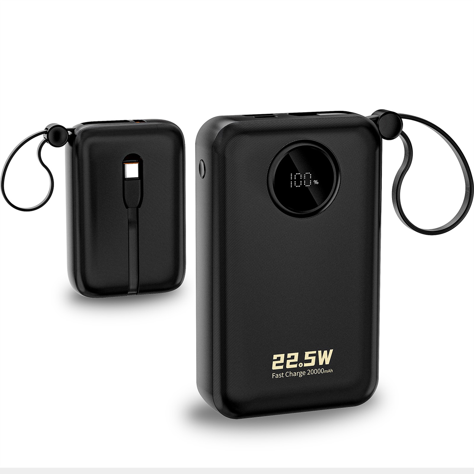 20000 Mah Išorinis Akumuliatorius Su Usb-c Ir Usb-a Jungtimis Bei Integruotais „iphone Lightning“–usb-c Kabeliais – Juodas