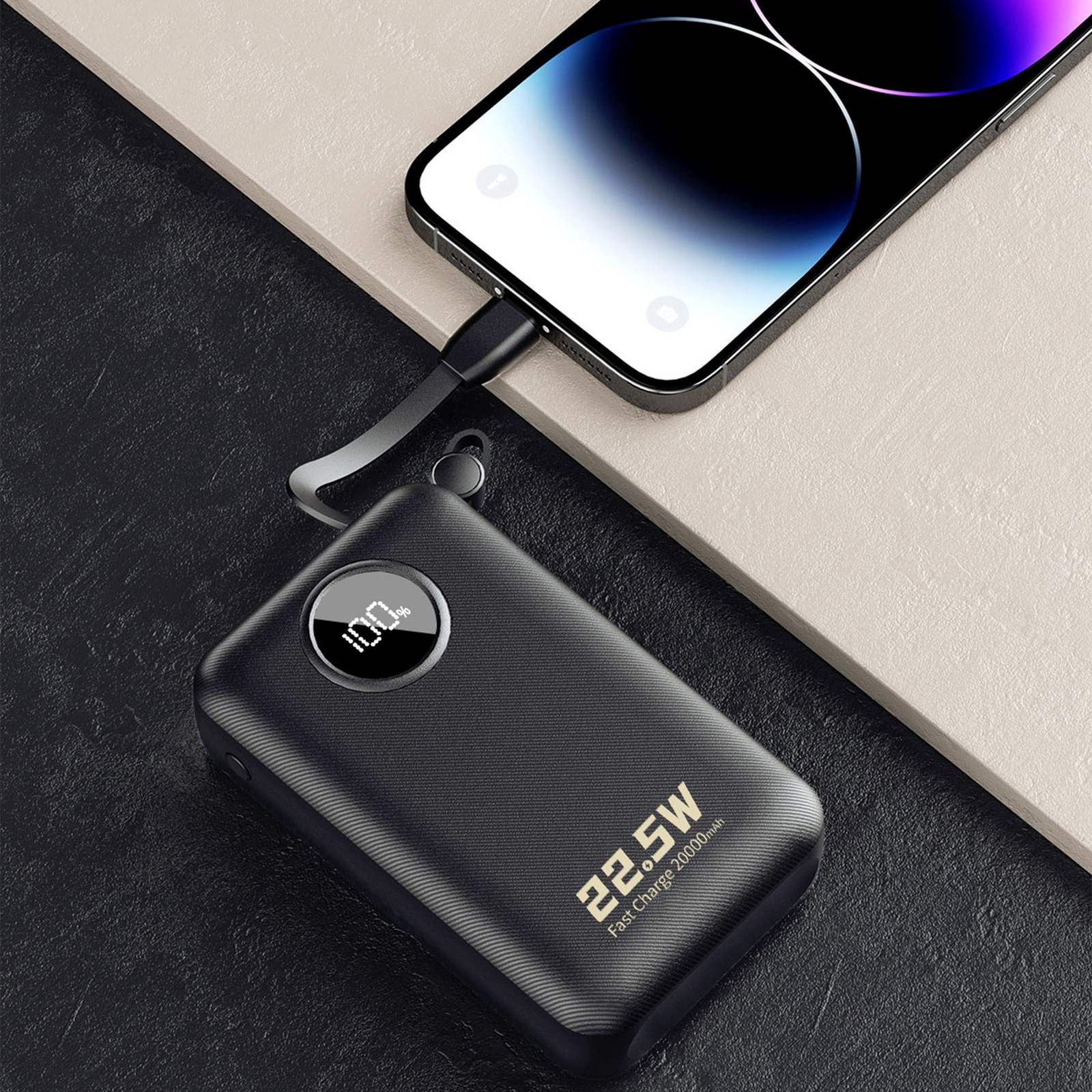 20000 Mah Išorinis Akumuliatorius Su Usb-c Ir Usb-a Jungtimis Bei Integruotais „iphone Lightning“–usb-c Kabeliais – Juodas