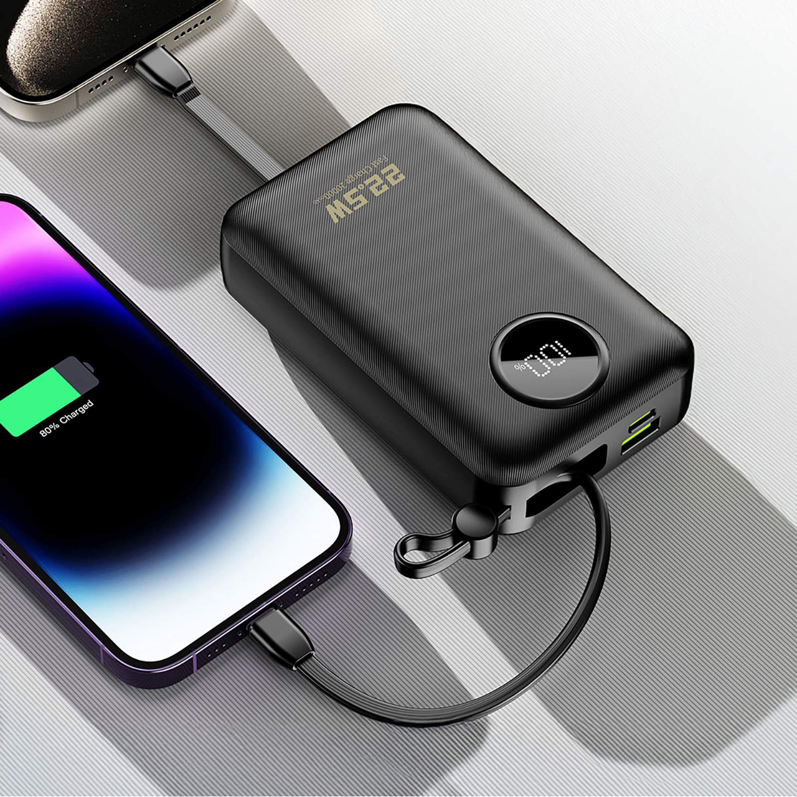 20000 Mah Išorinis Akumuliatorius Su Usb-c Ir Usb-a Jungtimis Bei Integruotais „iphone Lightning“–usb-c Kabeliais – Juodas