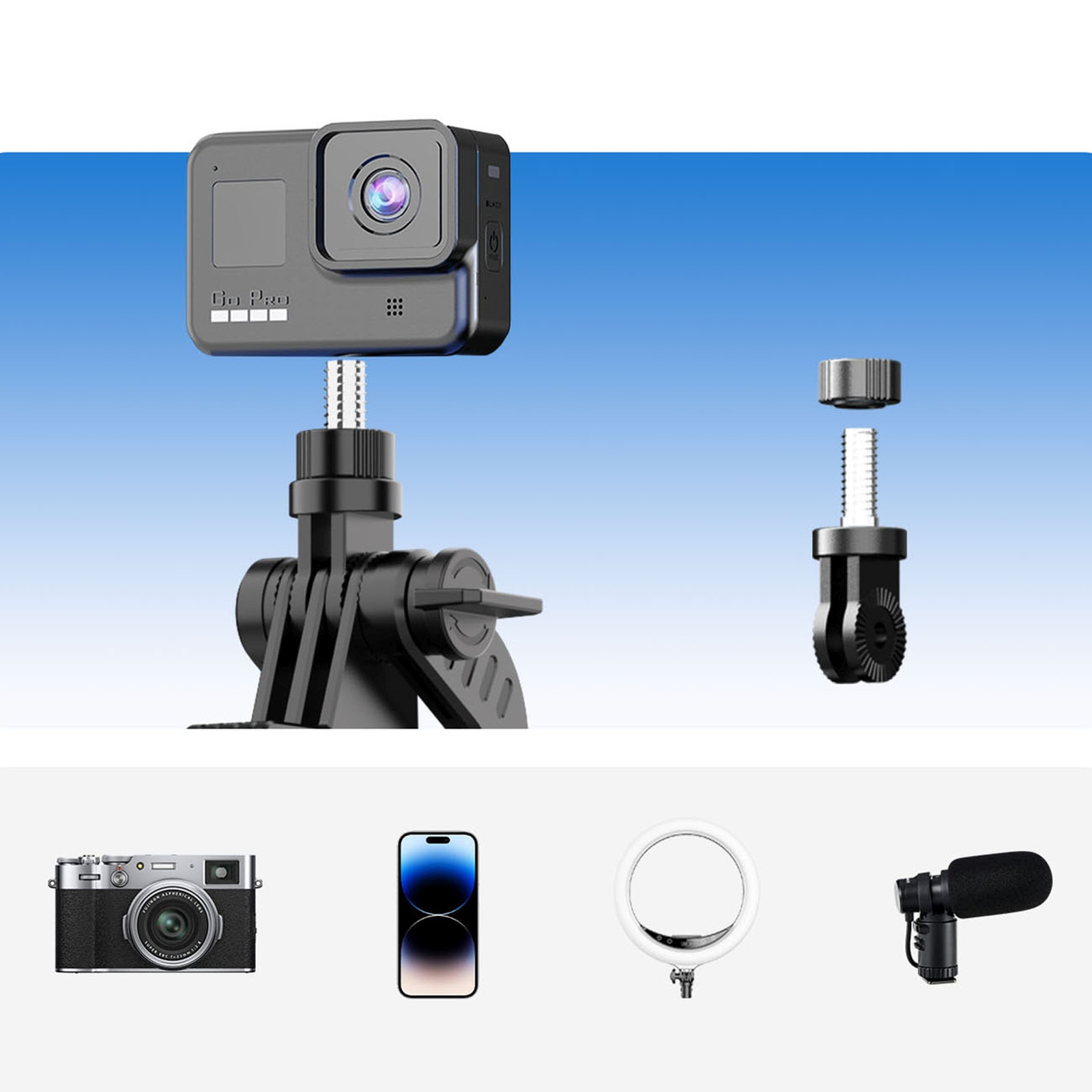 „selfie“ Lazdos Trikojis 1/4'' Telefonui, Kamerai Ar Fotoaparatui Su 360 Laipsnių Pasukimu, „bluetooth“ – Juodas