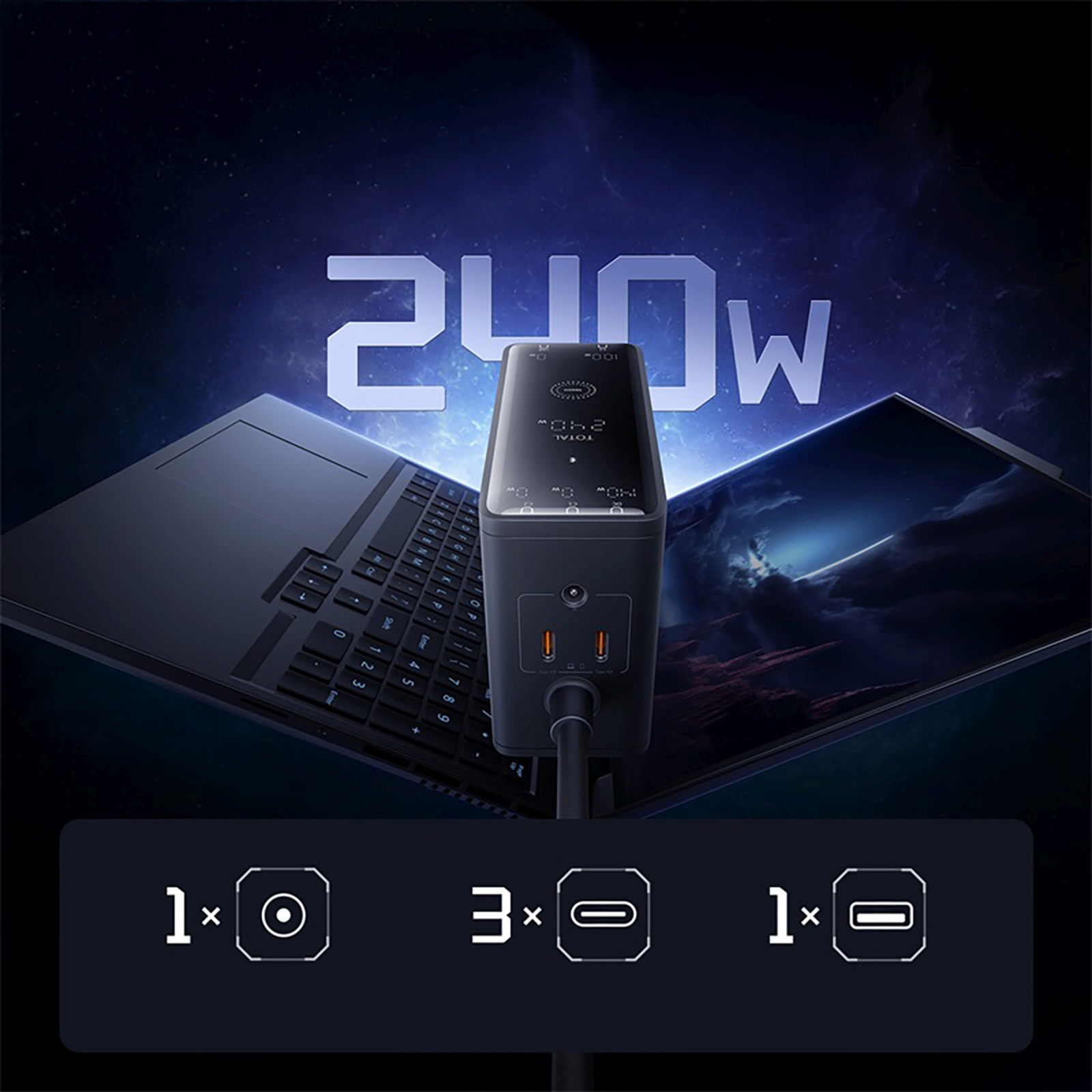 240 W Gan Usb-a Ir Usb-c Tinklinis įkroviklis Su Maitinimo Kabeliu – Juodas