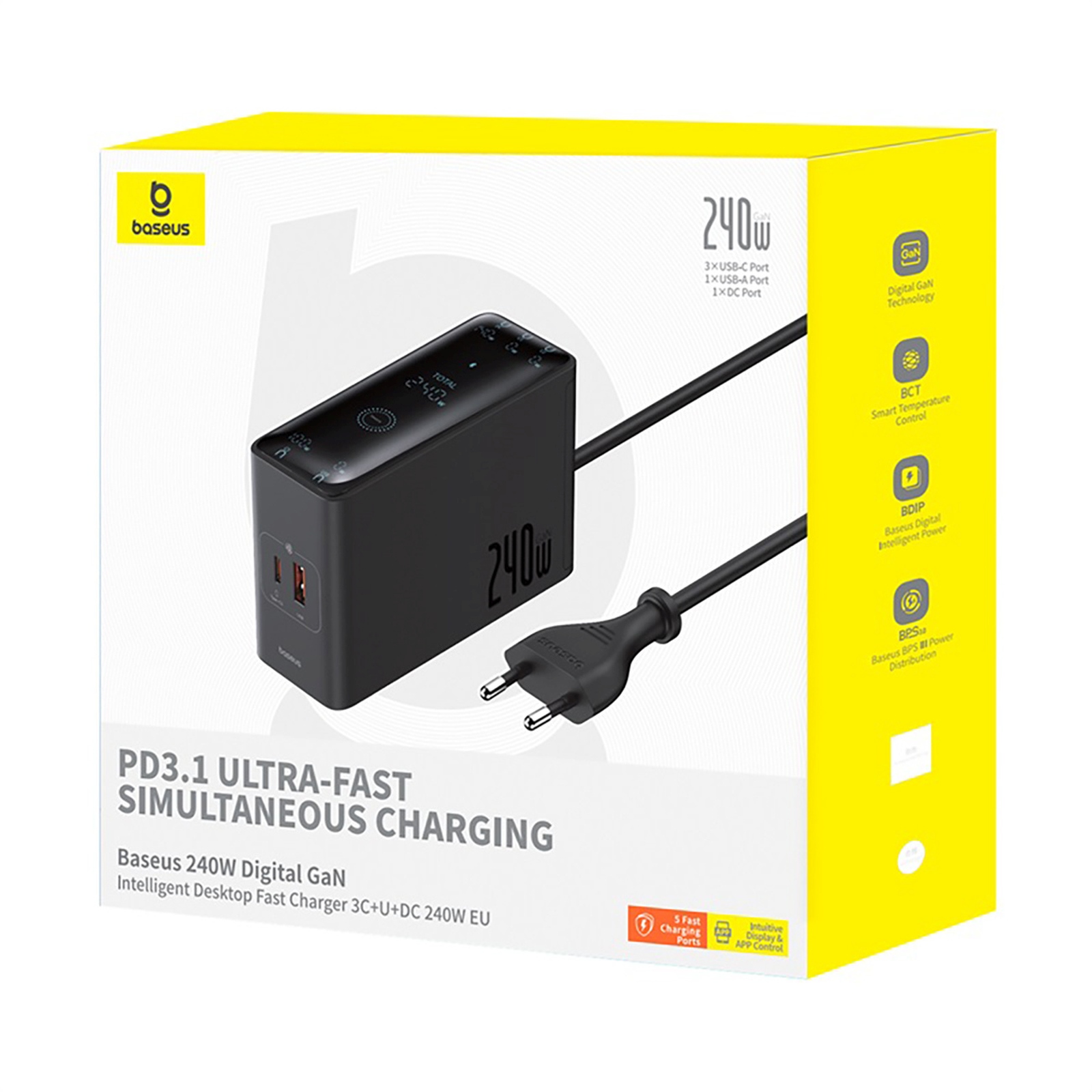 240 W Gan Usb-a Ir Usb-c Tinklinis įkroviklis Su Maitinimo Kabeliu – Juodas