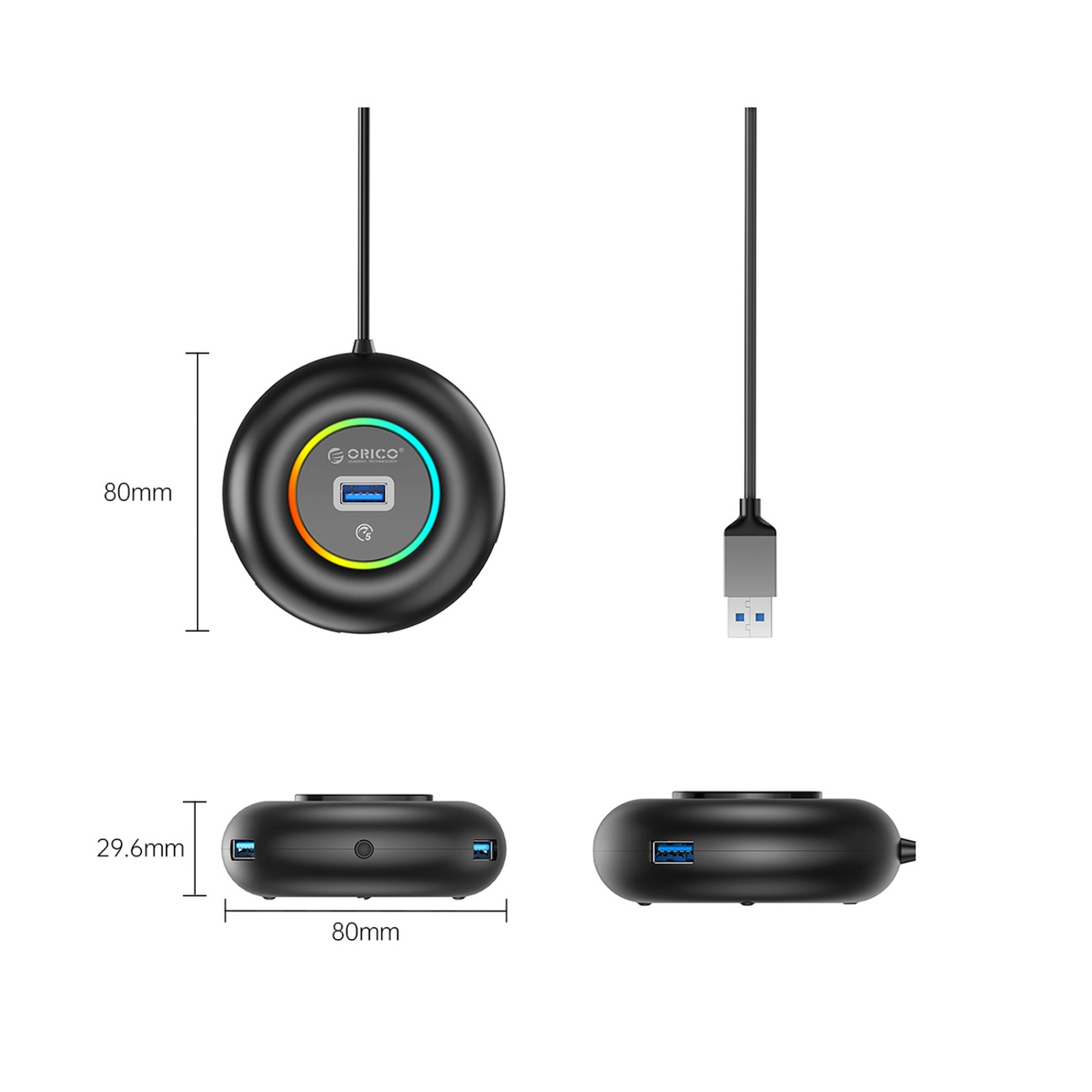 4 Prievadų Usb-a – Usb-a Mini Lizdo Rgb Adapteris, 0,3 M – Juodas
