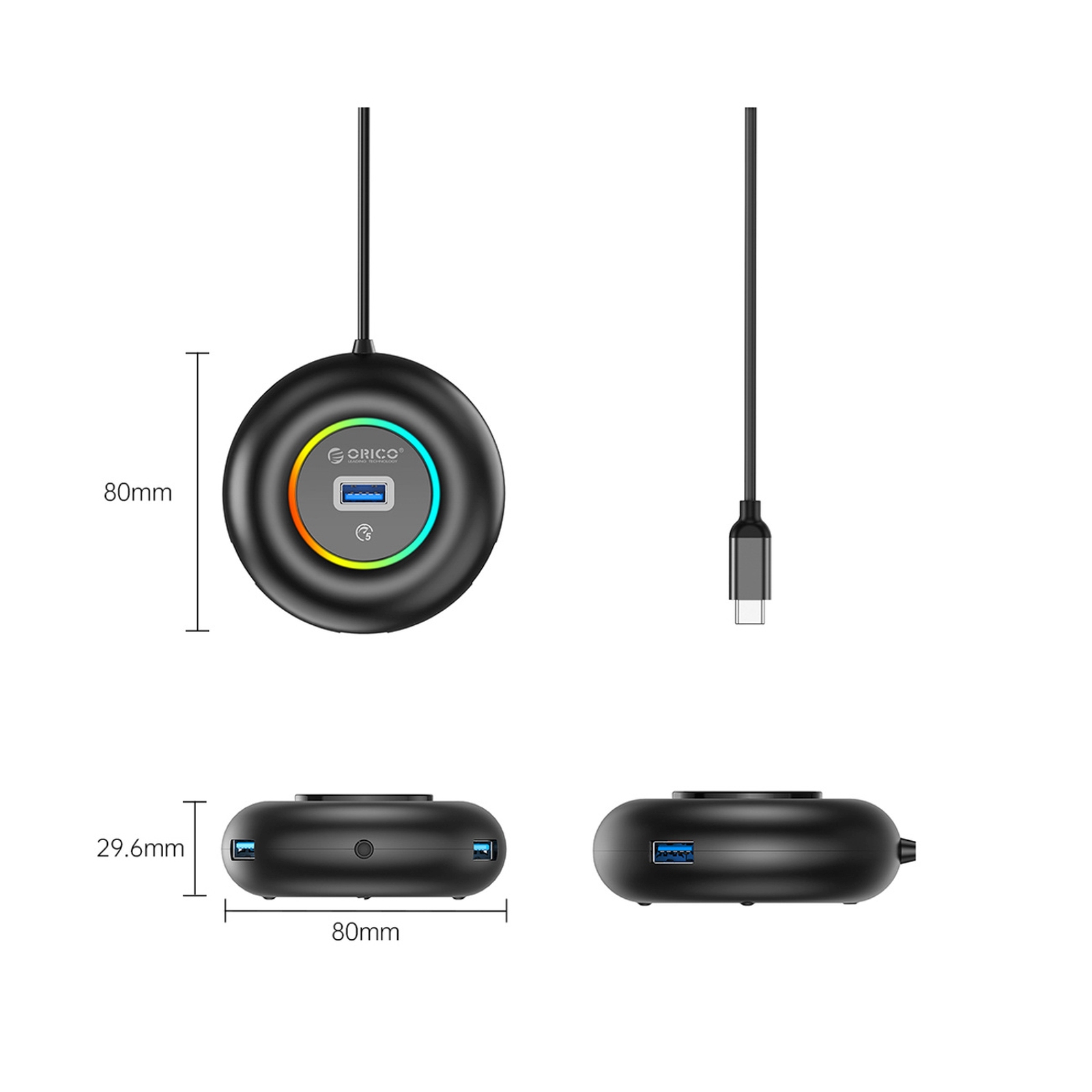 4 Prievadų Usb-c – Usb-a Mini Jungties Adapteris Su Rgb Apšvietimu, 1,8 M – Juodas