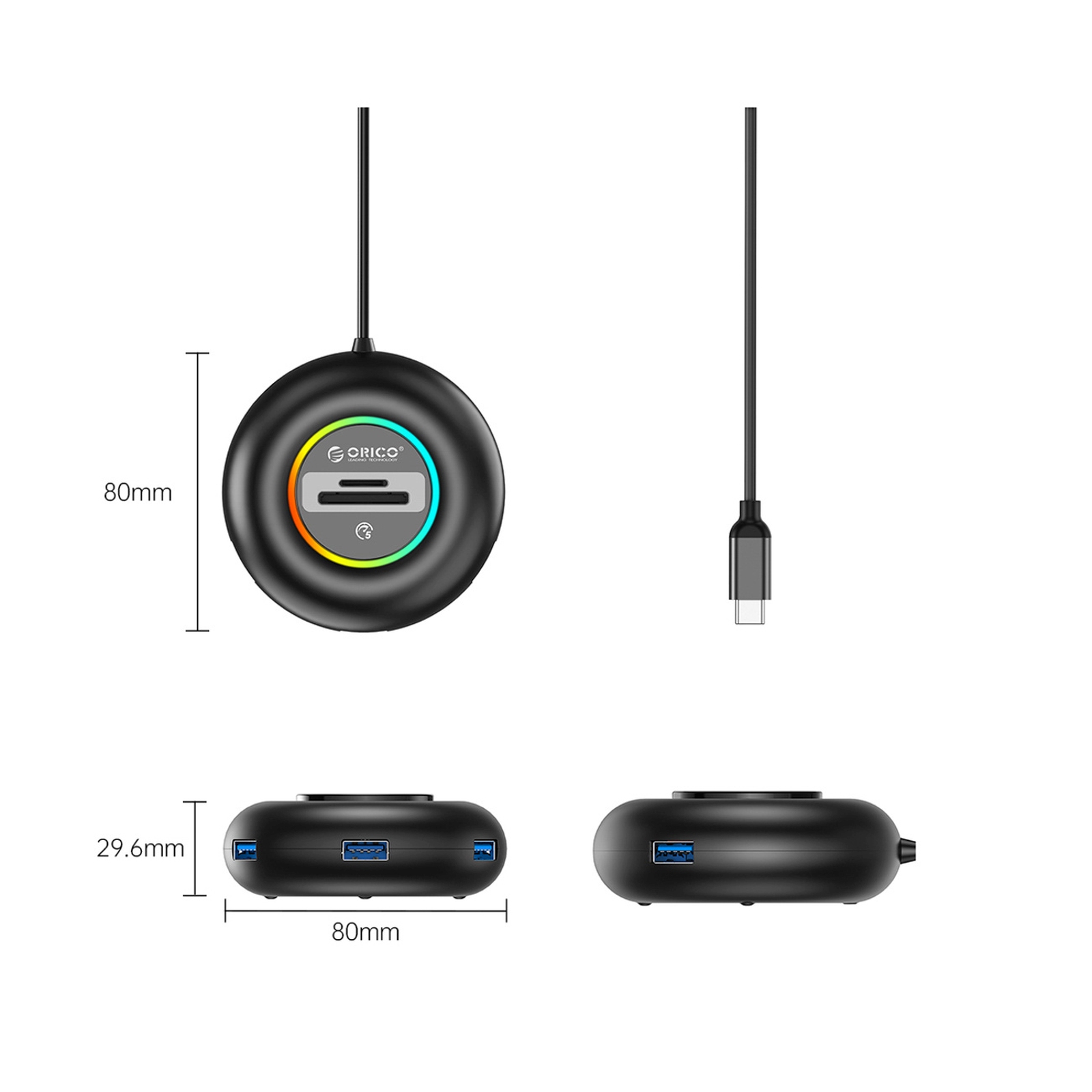 4 Prievadų Usb-c – Usb-a Sd Microsd Rgb Jungties Adapteris, 1,8 M, Juodos Spalvos