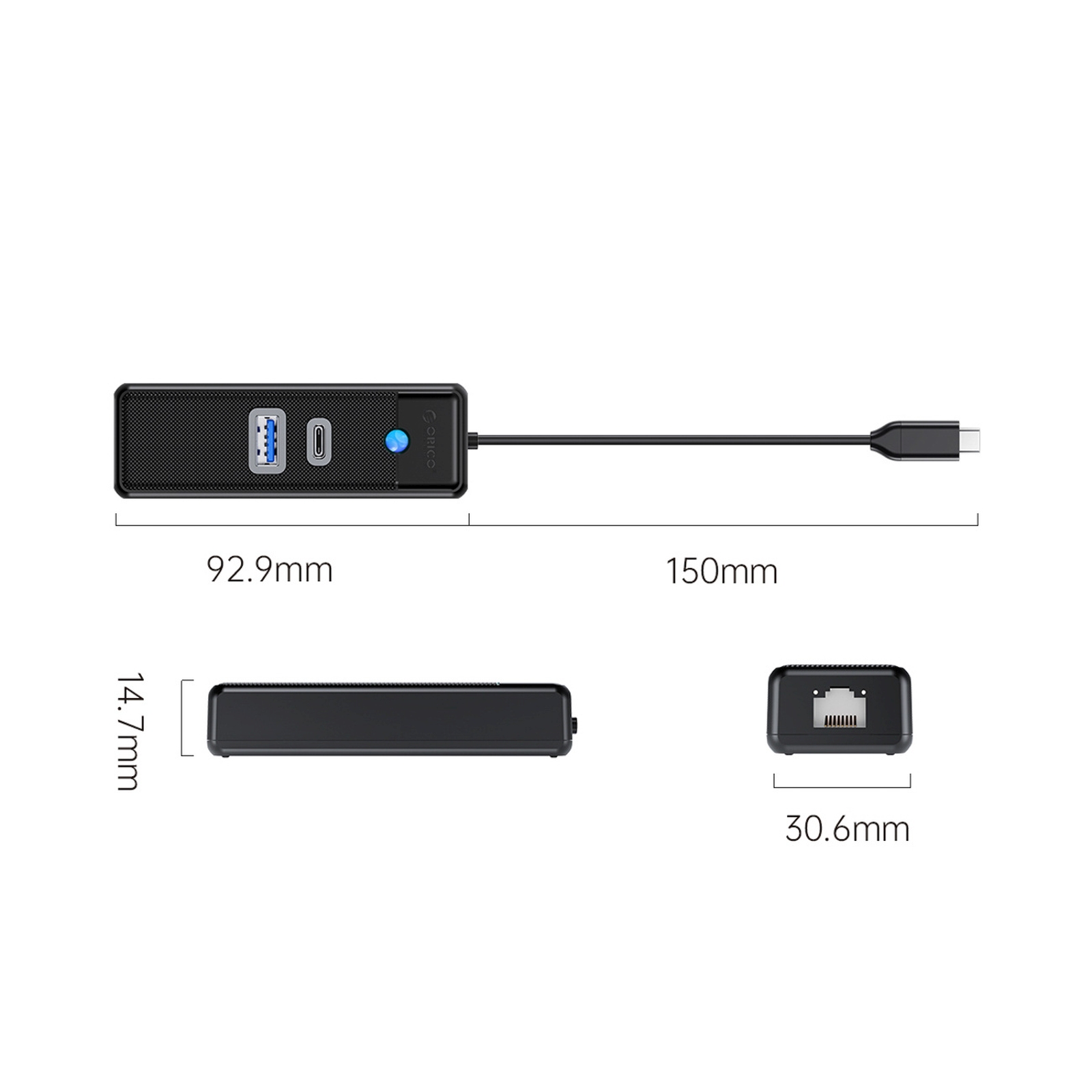 3 Prievadų Usb-c – Usb-a – Usb-c – Rj45 Gigabit Ethernet Usb-c Koncentratorius, 0,15 M – Juodas