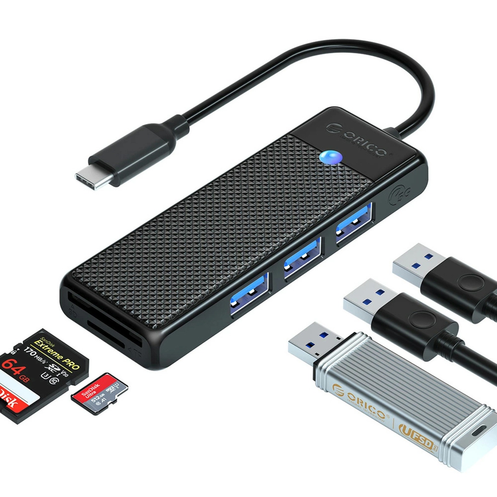4 Prievadų Usb-c – Usb-a Adapteris Su Sd Ir Microsd Kortelių Skaitytuvu, 1 M – Juodas